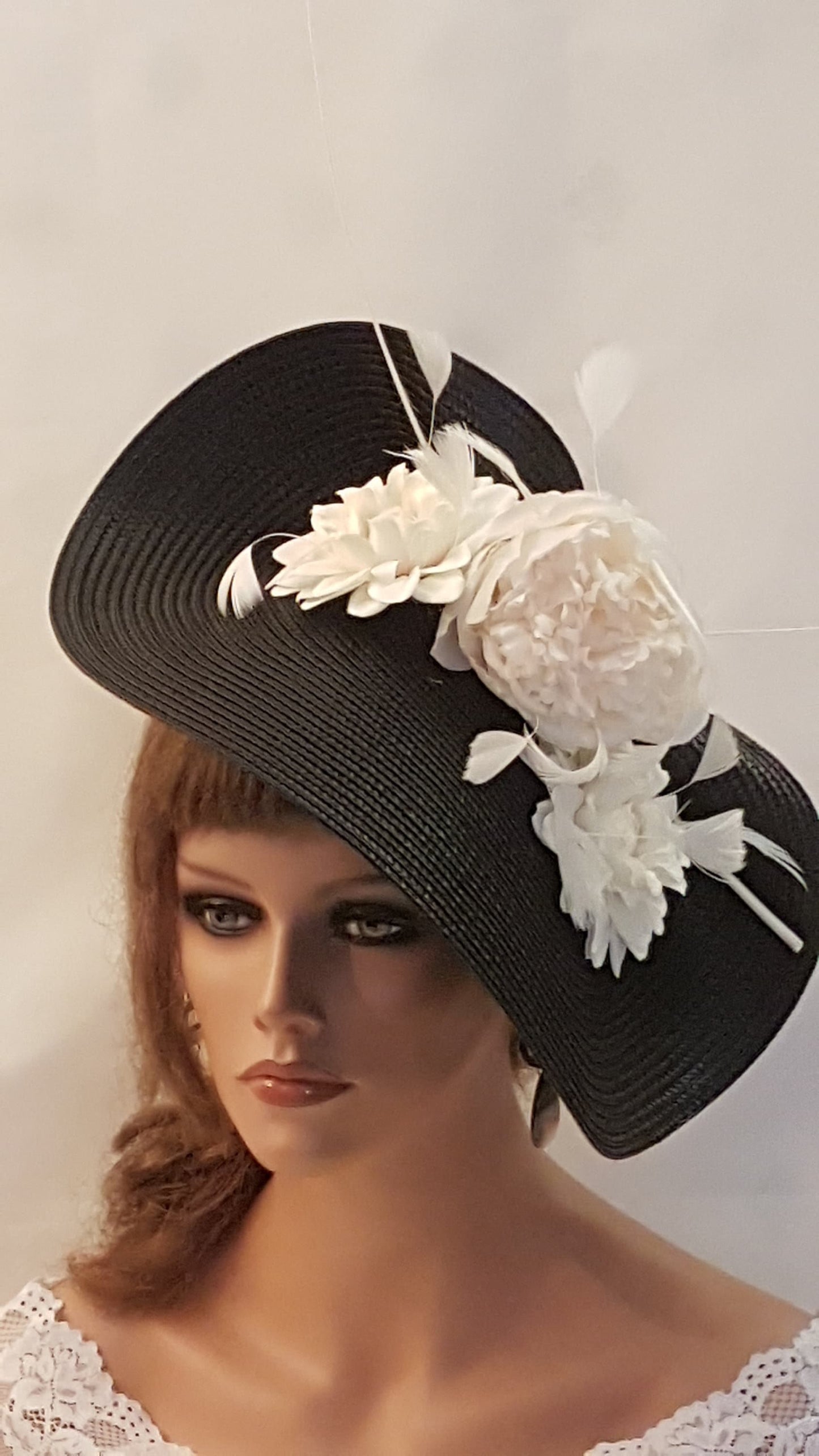 Black Saucer Hatinator: Ivory Floral Quill Feather Ascot Hat