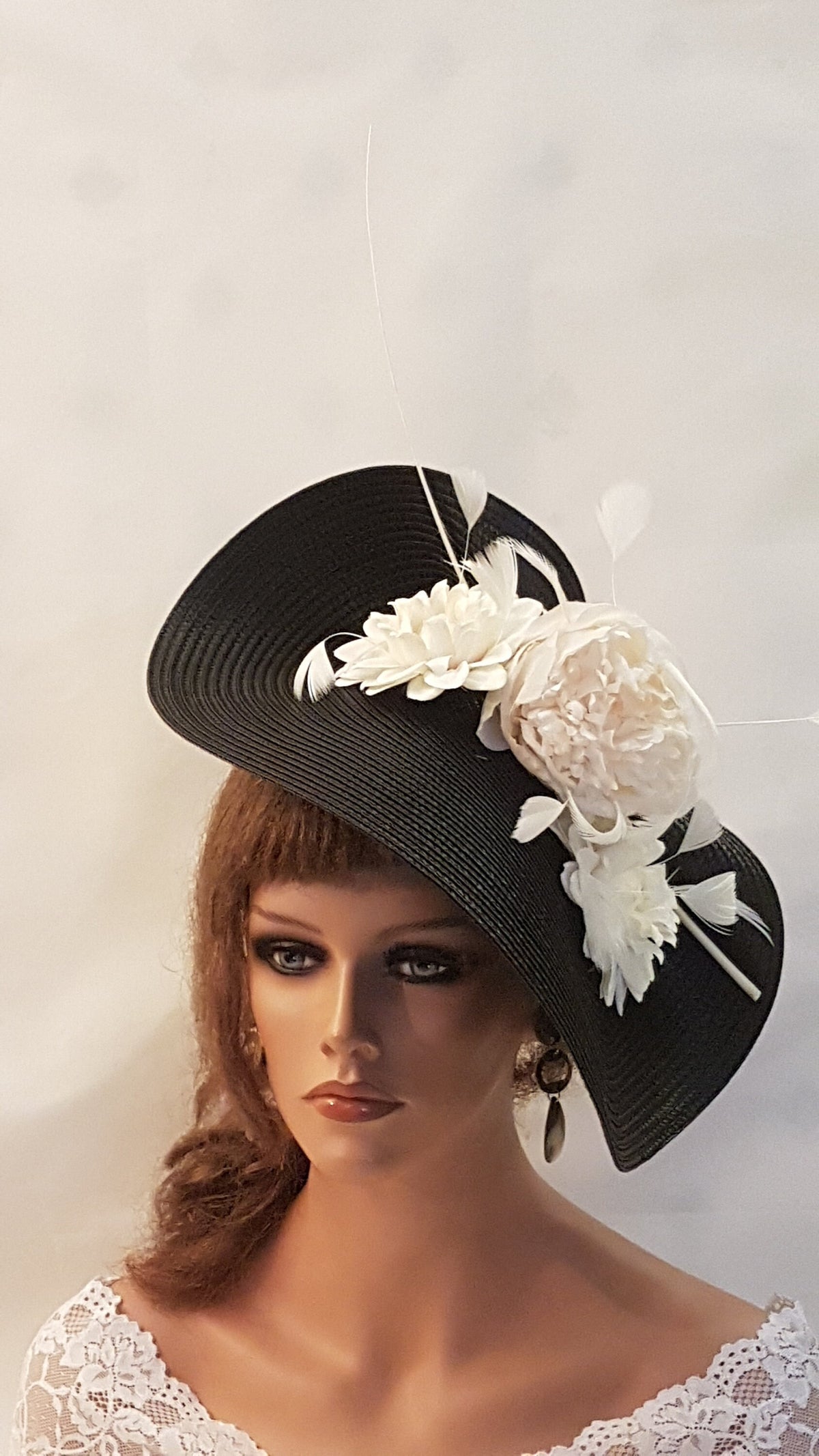 Black Saucer Hatinator: Ivory Floral Quill Feather Ascot Hat