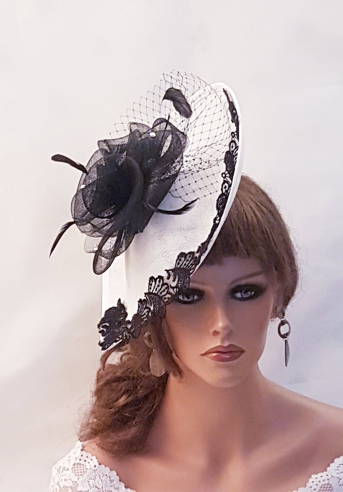 Black & White Fascinator Hat: Lace, Feather Derby Headpiece