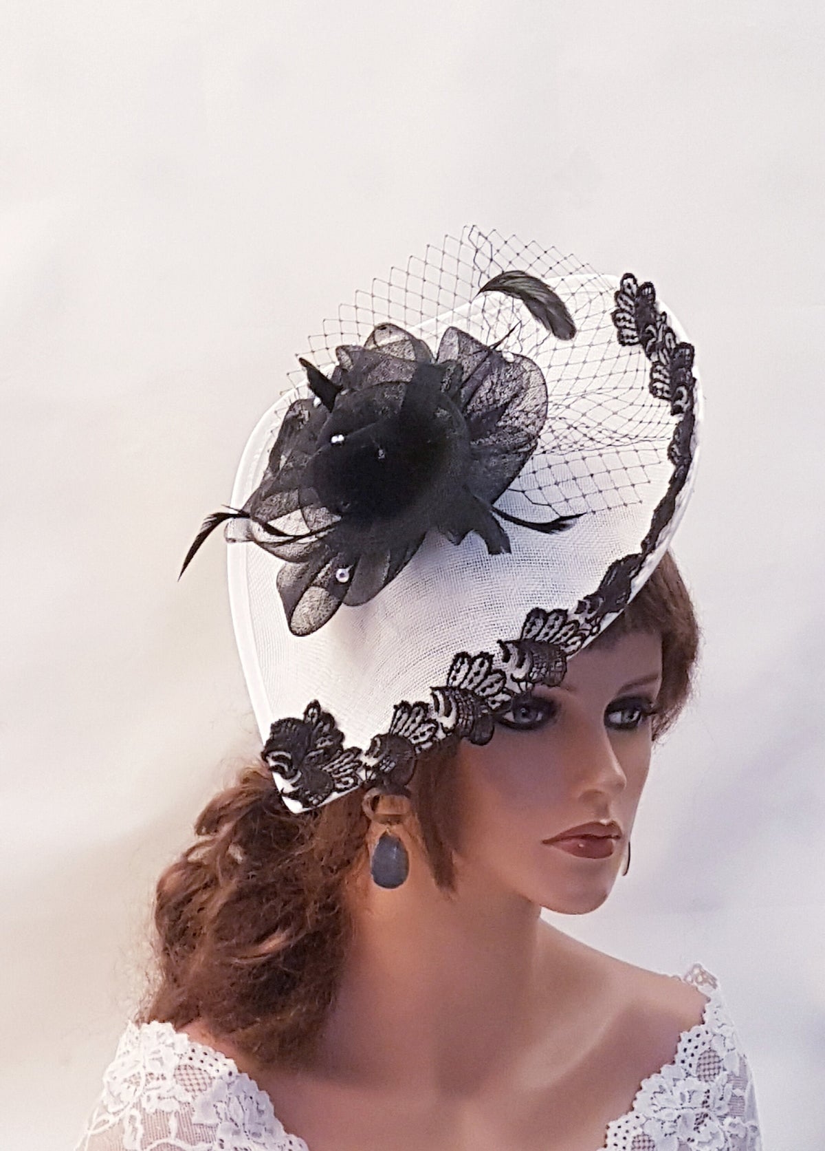 Black & White Fascinator Hat: Lace, Feather Derby Headpiece