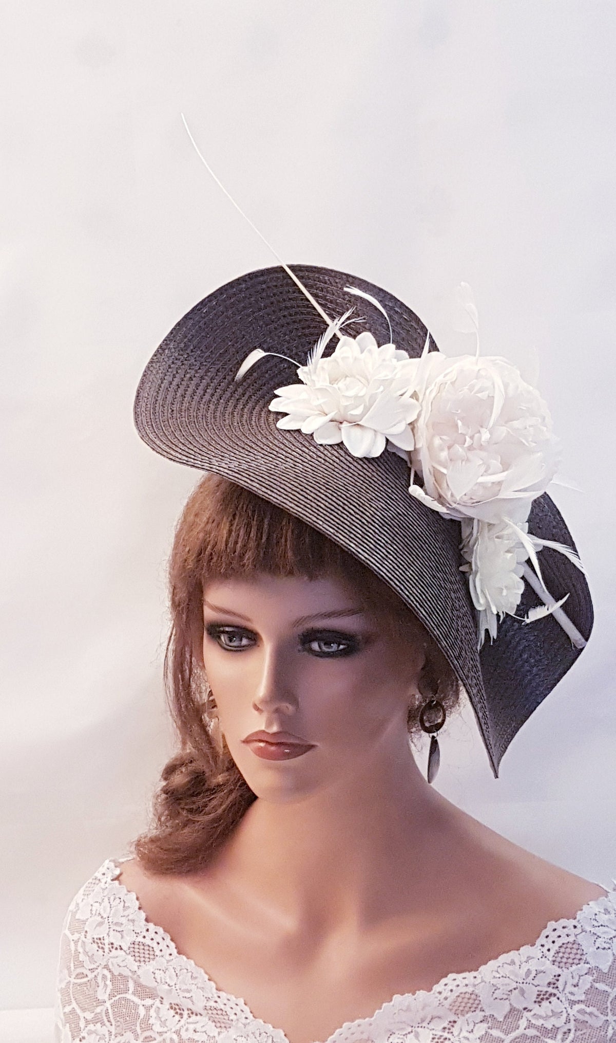 Brown PP Straw Hat Base with IvoryFlowers and longQuill feather Fascinator