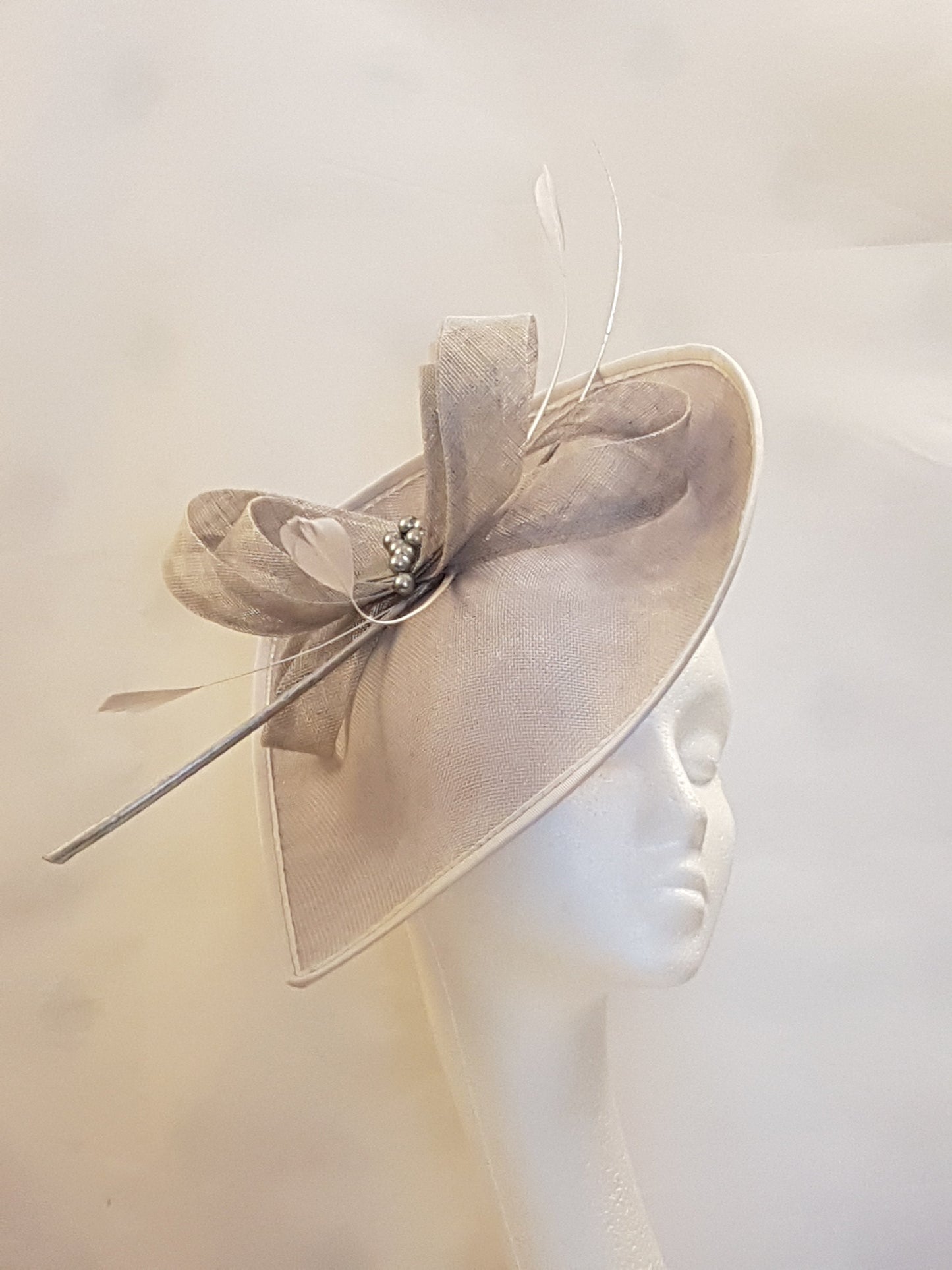 Pale Grey Sinamay Hatinator: Quill Feather Derby Hat
