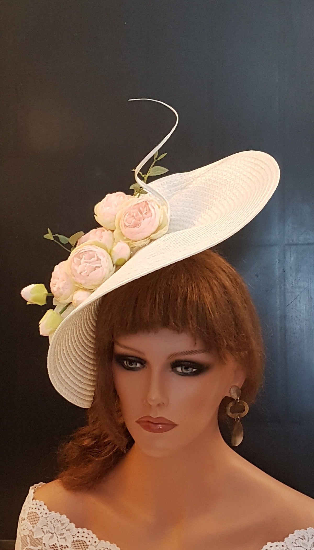 White Saucer Hatinator: Pink Floral Quill Feather Derby Hat