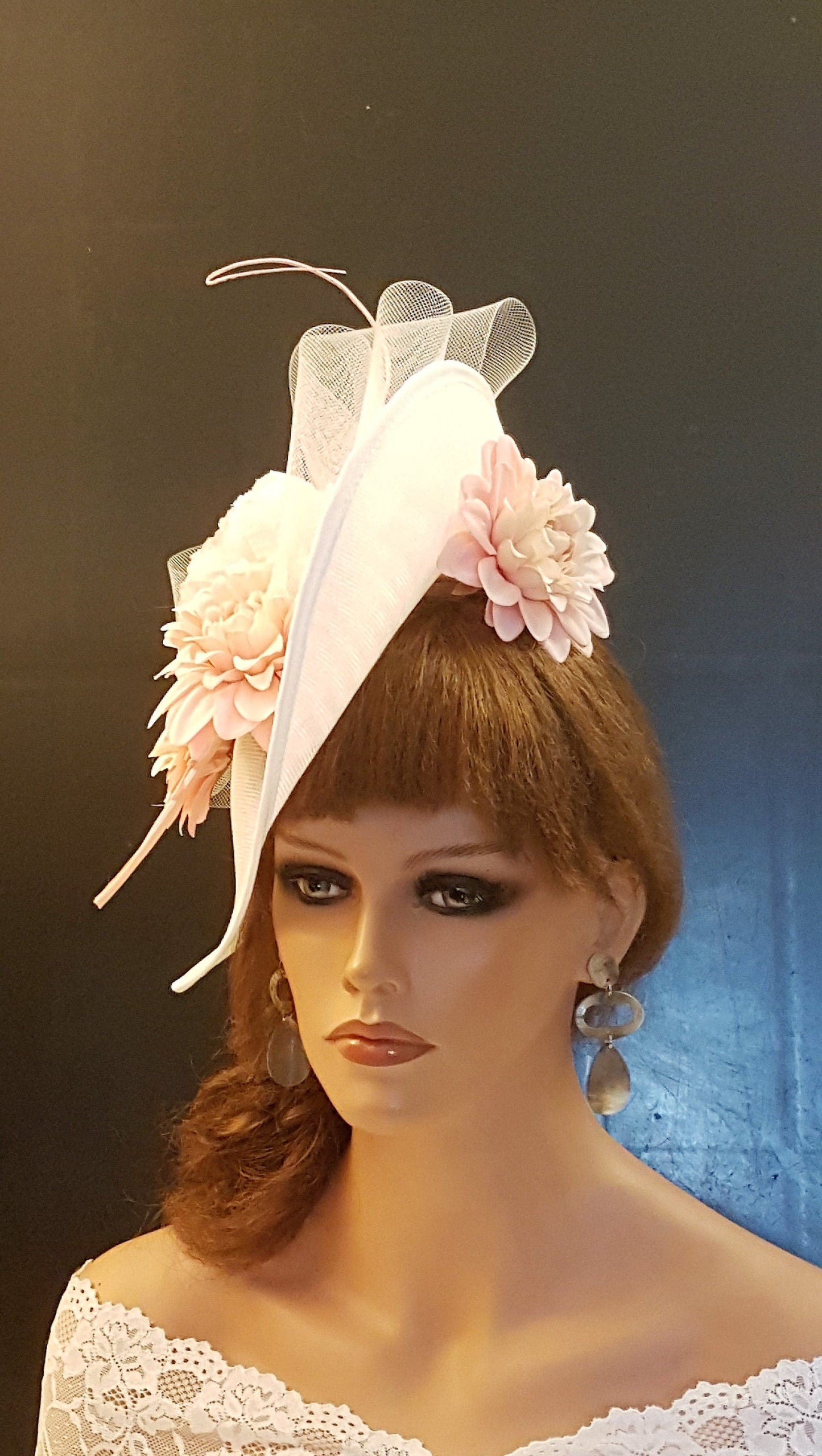 White Pink Floral Derby Hat: Quill Feather, Wedding Guest Fascinator