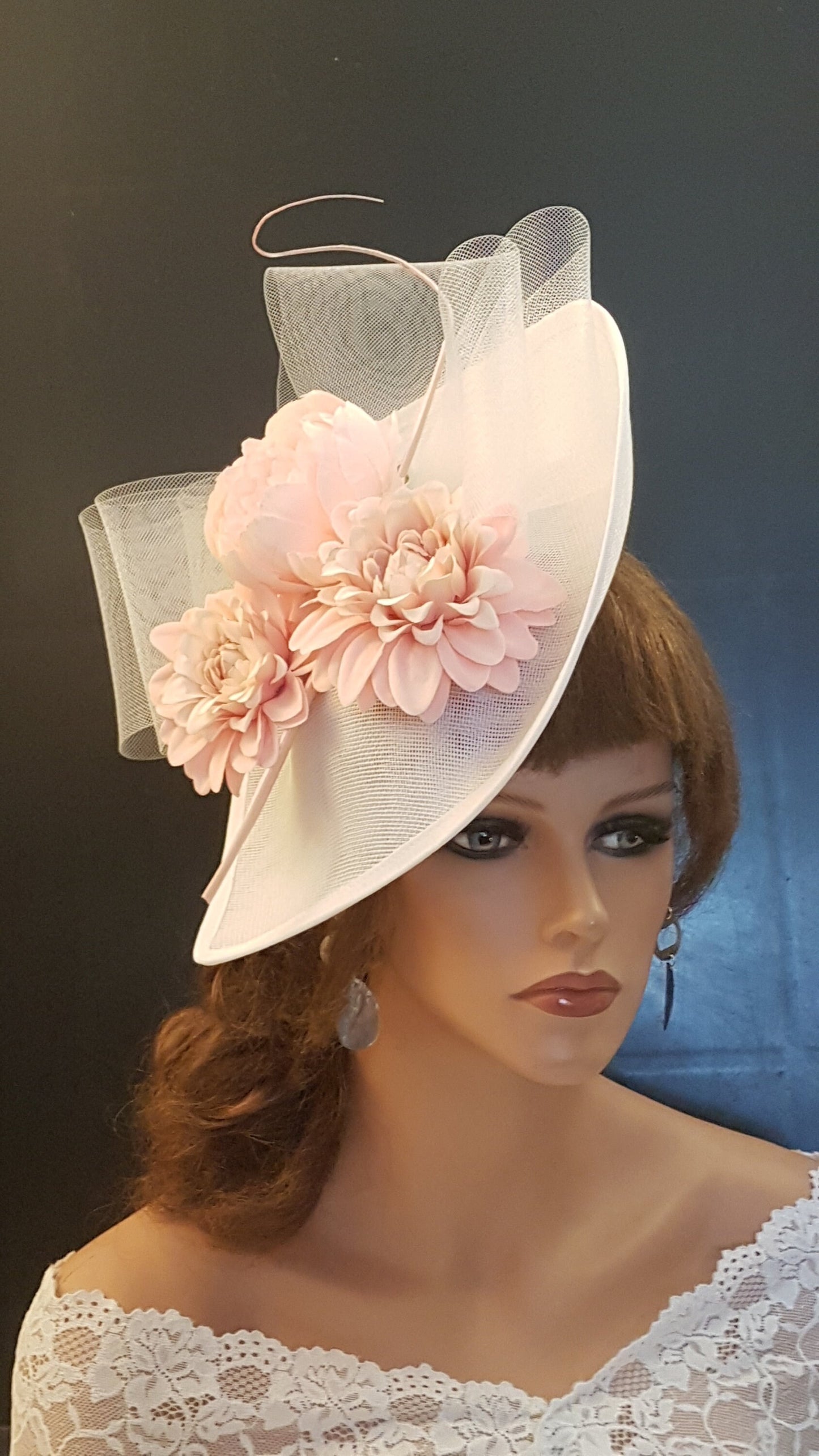 White Pink Floral Derby Hat: Quill Feather, Wedding Guest Fascinator
