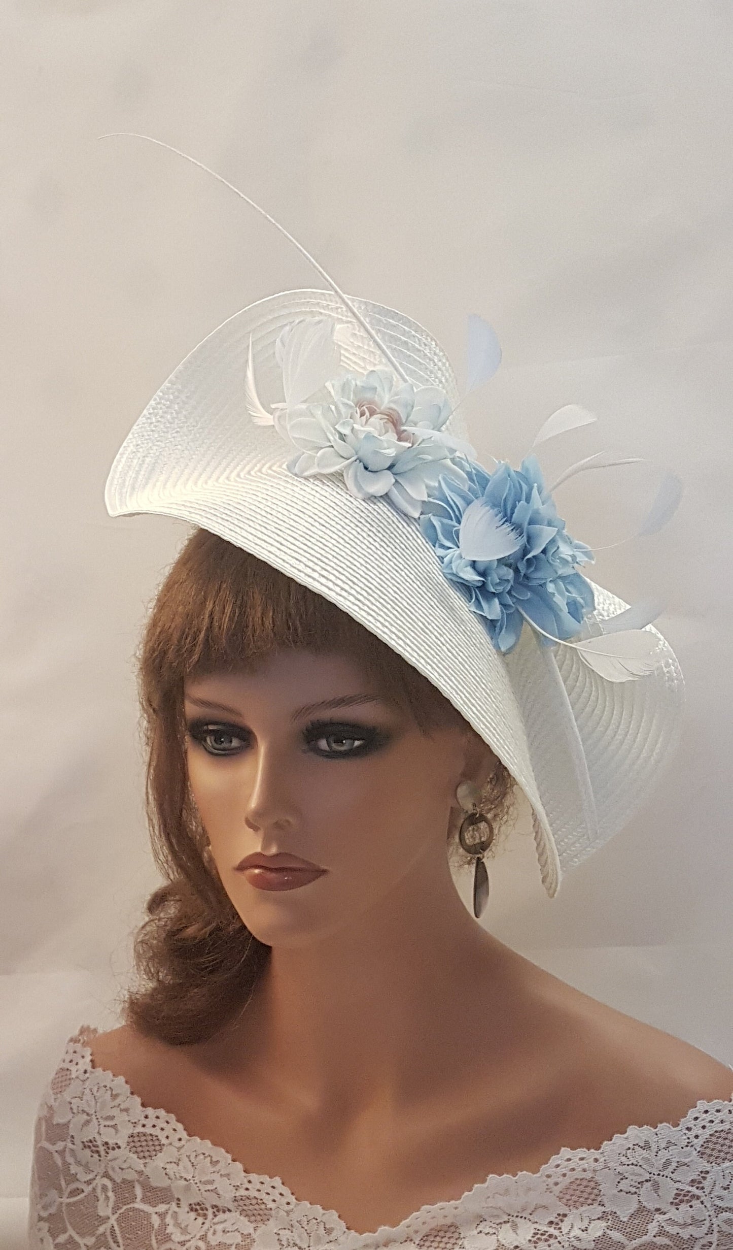 White & Blue fascinator large saucer hatinator Quil Floral Church Derby Ascot Race Wedding TeaParty hat Mother of Bride/Groom Hat Fascinator