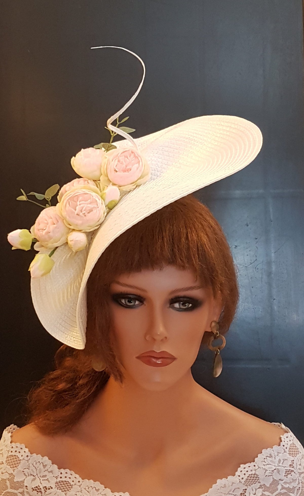 White Saucer Hatinator: Pink Floral Quill Feather Derby Hat