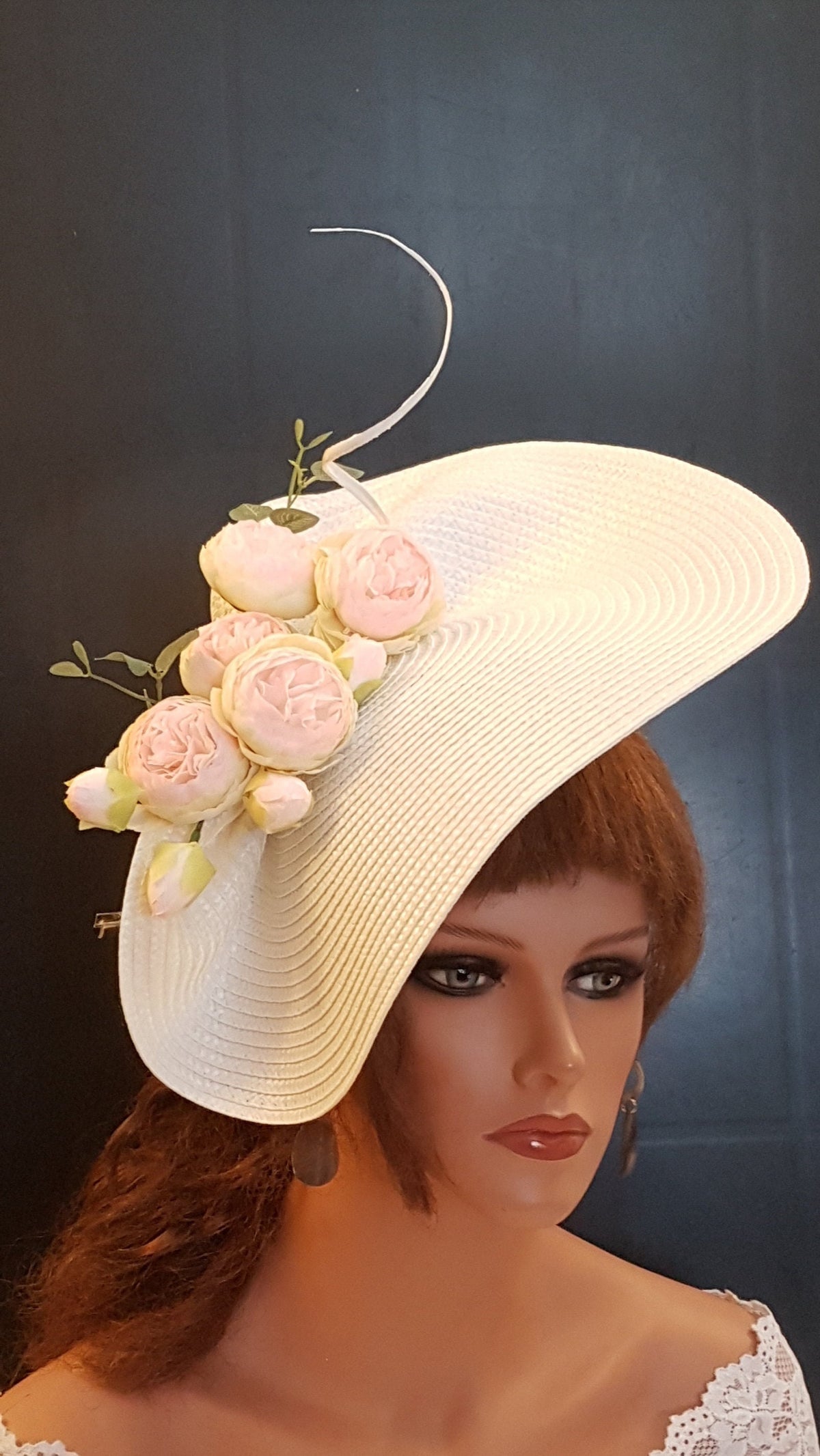 White Saucer Hatinator: Pink Floral Quill Feather Derby Hat