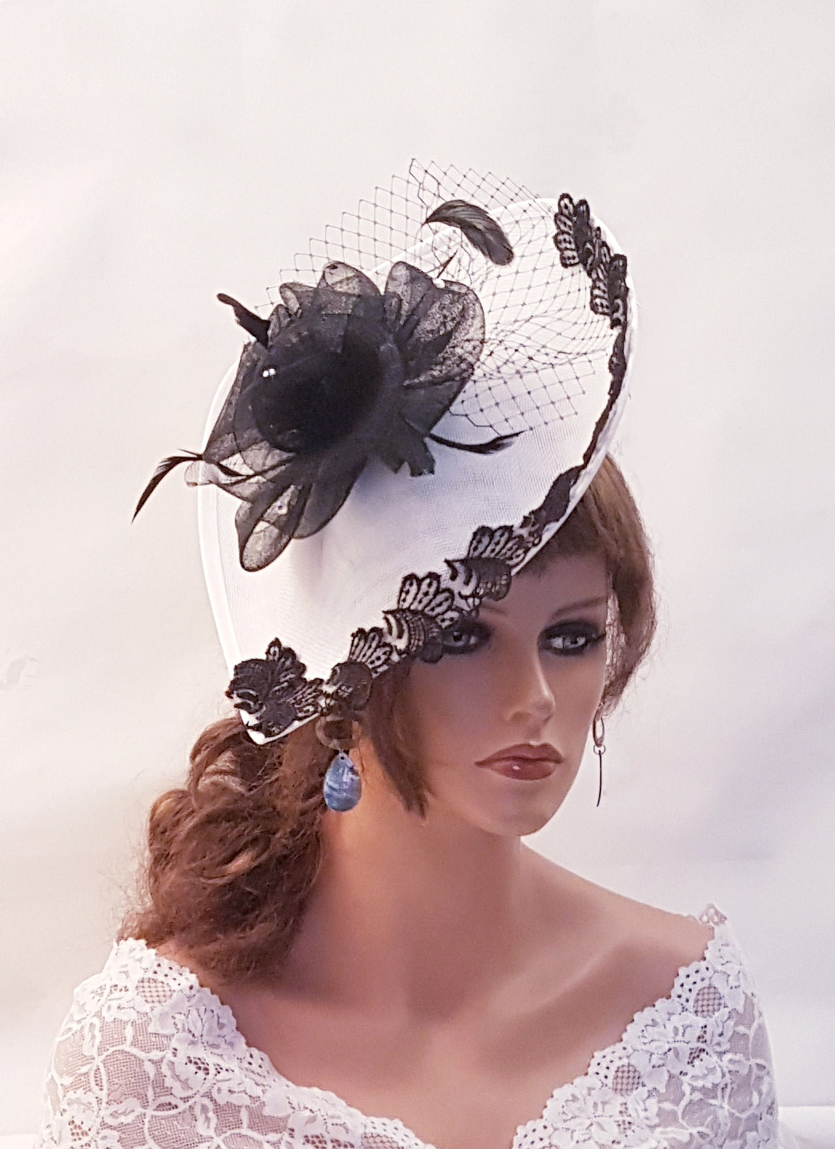 Black & White Fascinator Hat: Lace, Feather Derby Headpiece