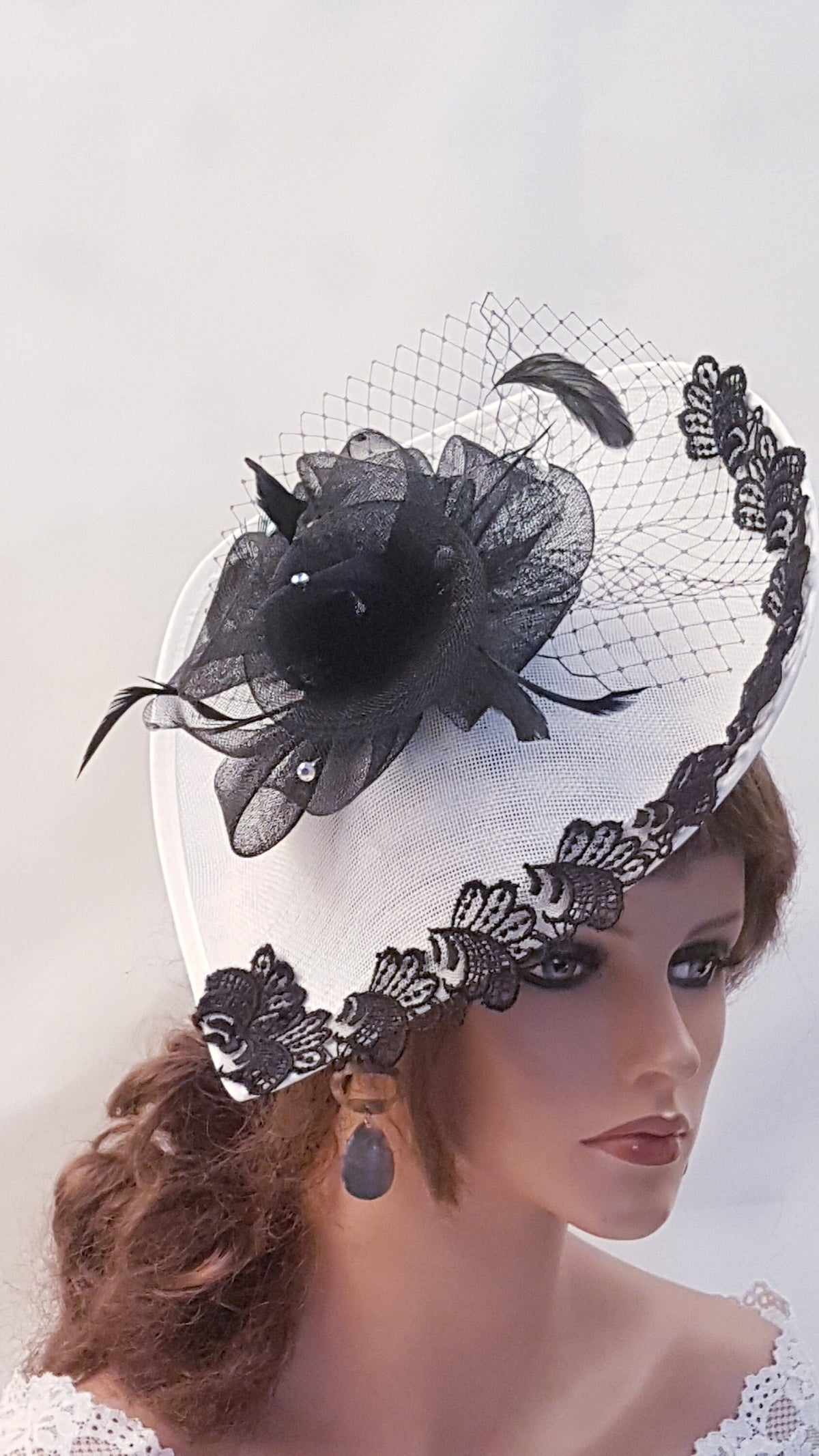 Black & White Fascinator Hat: Lace, Feather Derby Headpiece