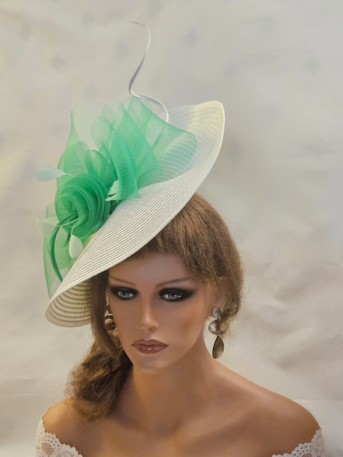 White & Green Feather Fascinator: Kentucky Derby Wedding Hat