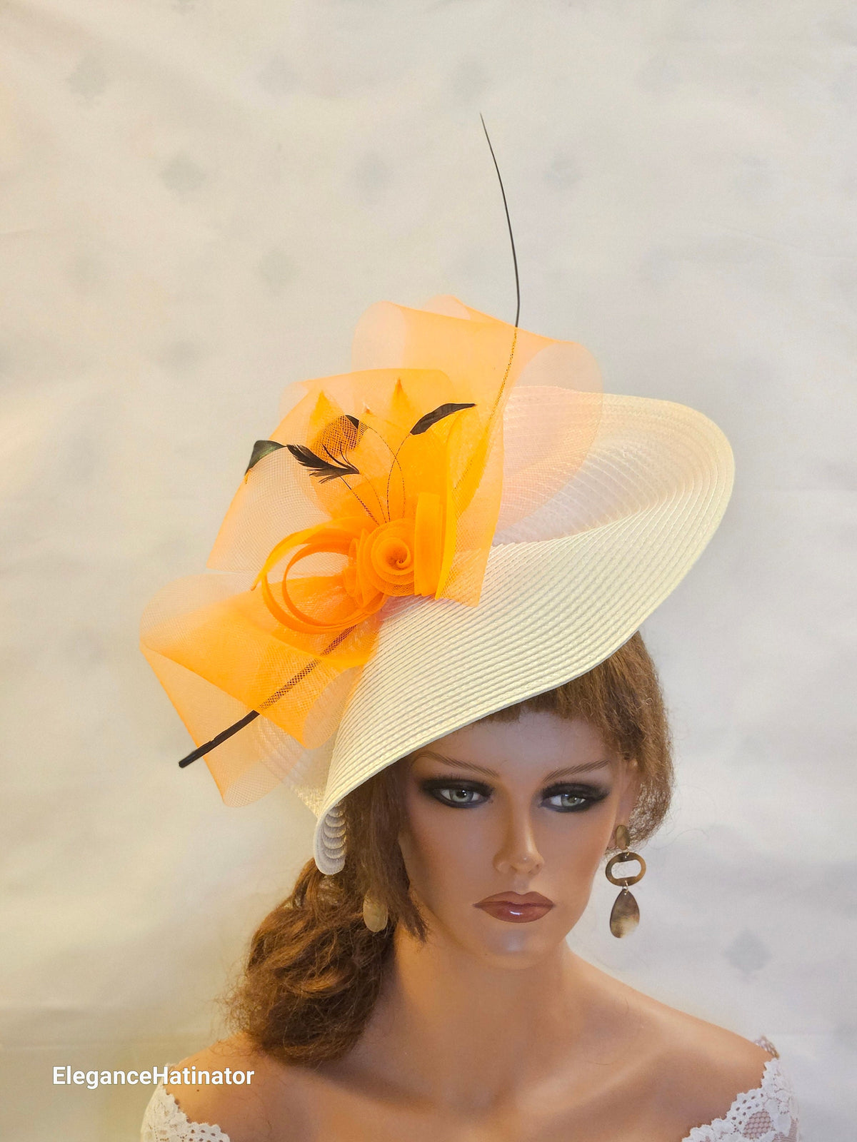 White & Orange Fascinator Hat: Feather Derby Ascot Race Hatinator