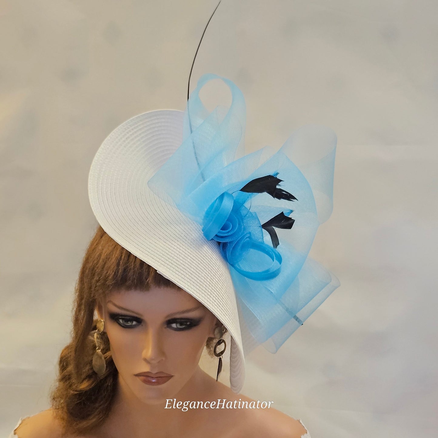 WHITE & BLUE fascinator large saucer hatinator Feather Church Derby Royal Ascot Hat Race Wedding Party hat Mother of Bride/Groom Hatinator