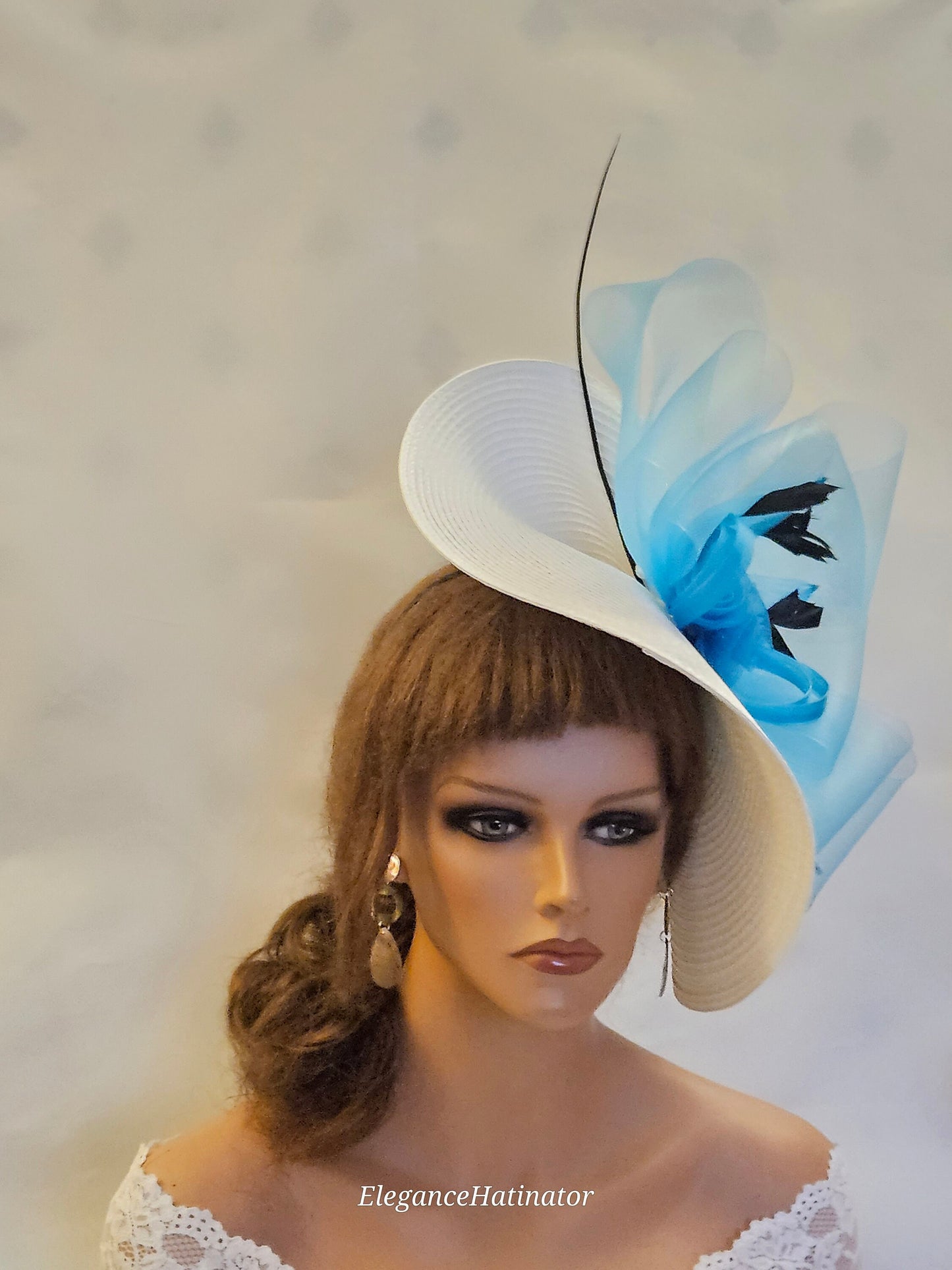 WHITE & BLUE fascinator large saucer hatinator Feather Church Derby Royal Ascot Hat Race Wedding Party hat Mother of Bride/Groom Hatinator