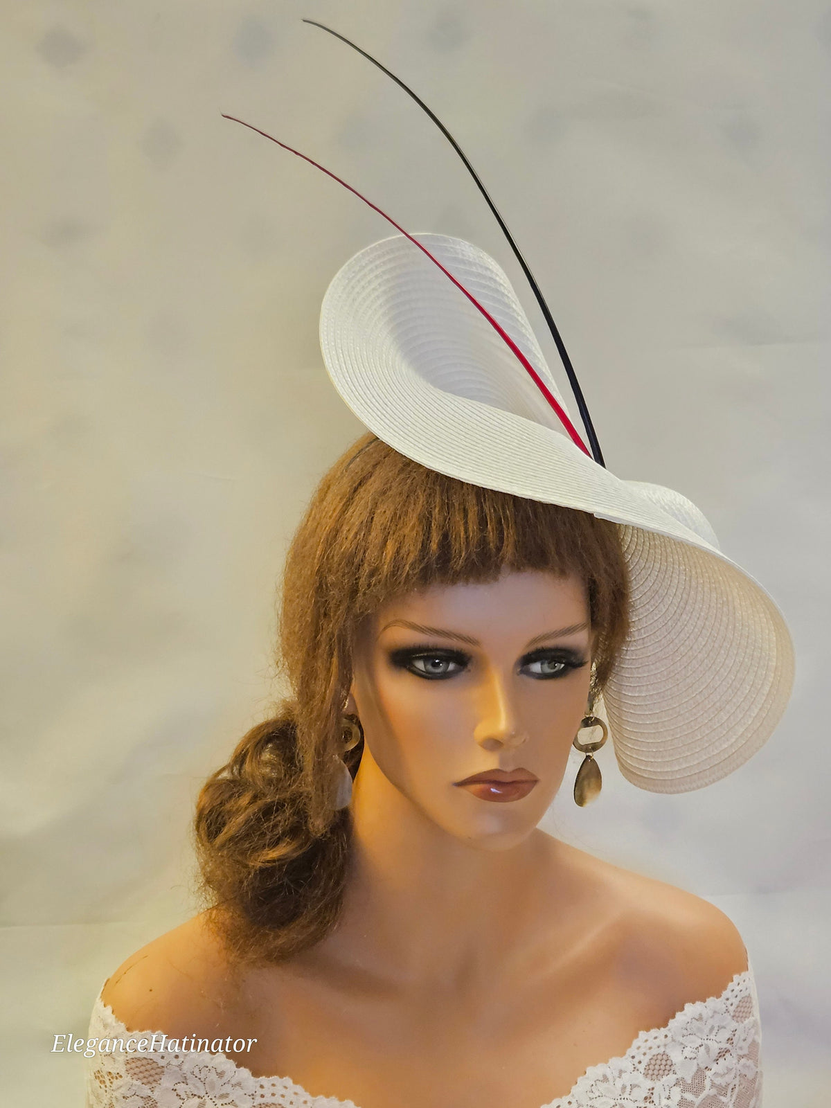 White Saucer Hatinator: Red & Black Quill Feather Derby Hat