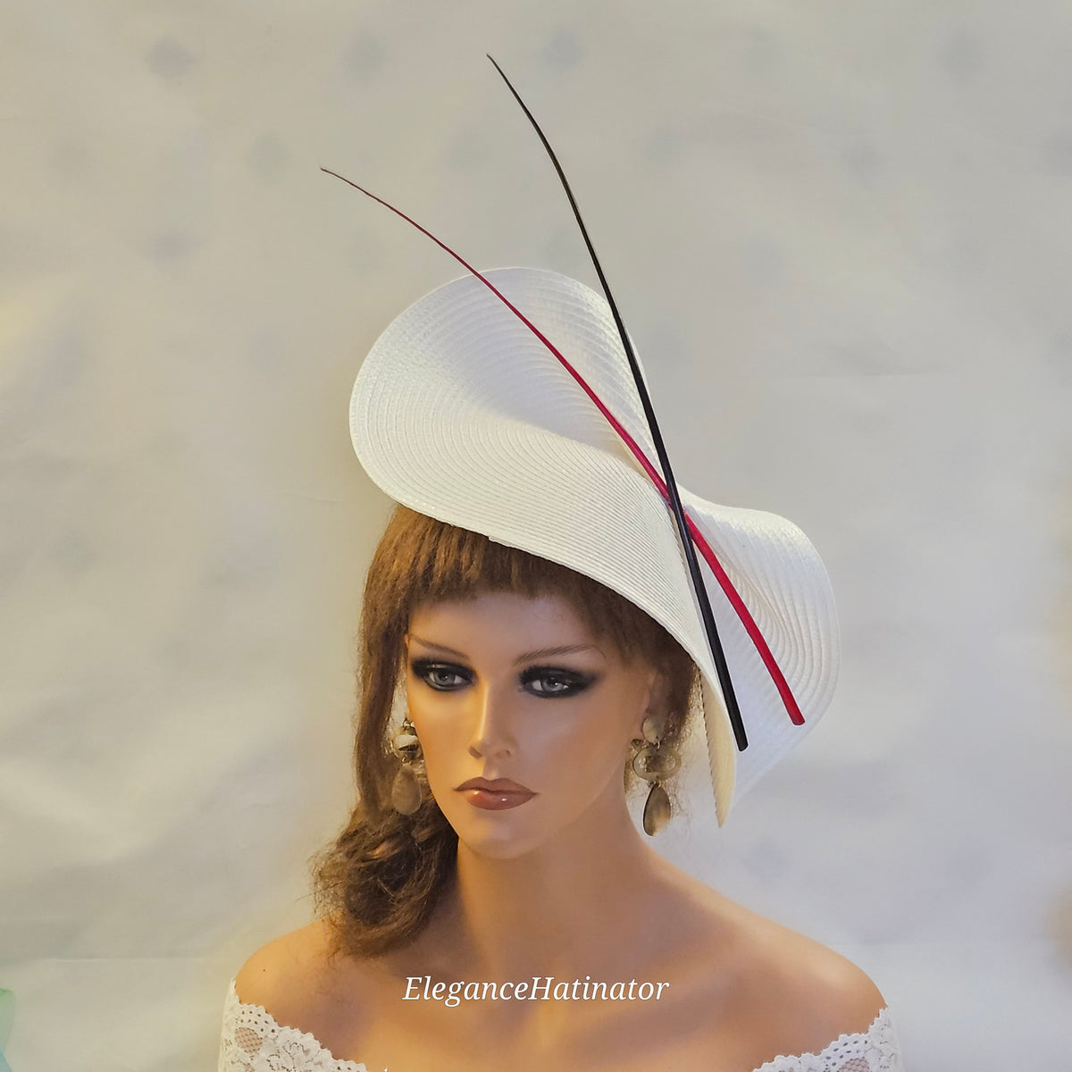 White Saucer Hatinator: Red & Black Quill Feather Derby Hat