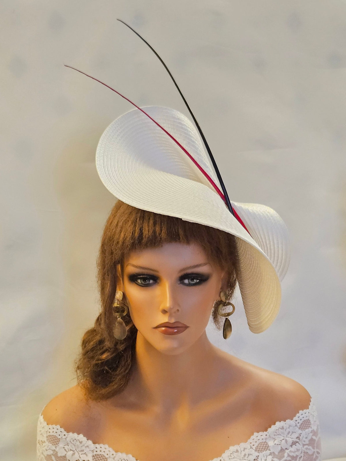 White Saucer Hatinator: Red & Black Quill Feather Derby Hat