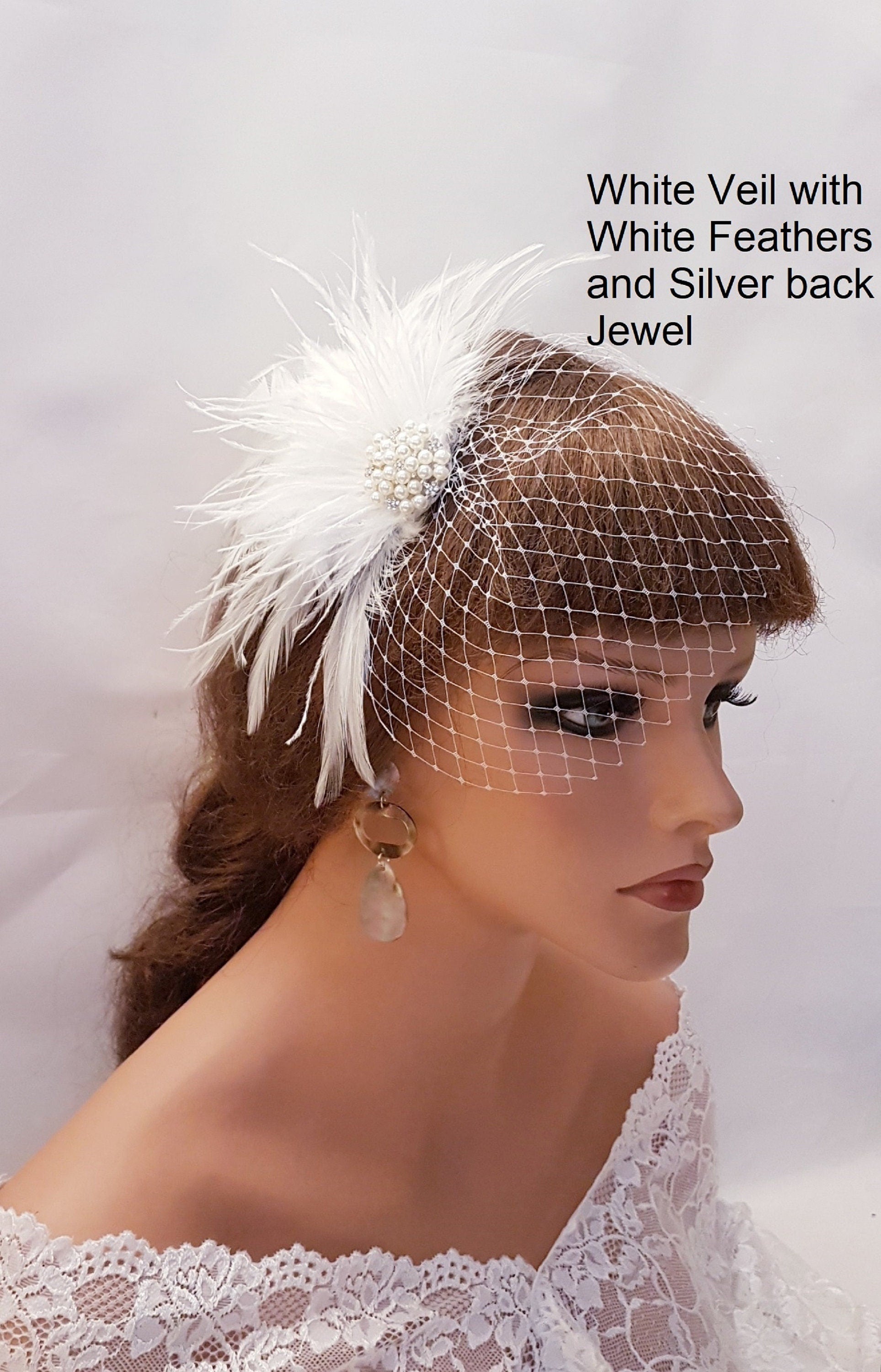 Bridal Feather Fascinator: Ivory Mini Veil, Crystal Hair Clip