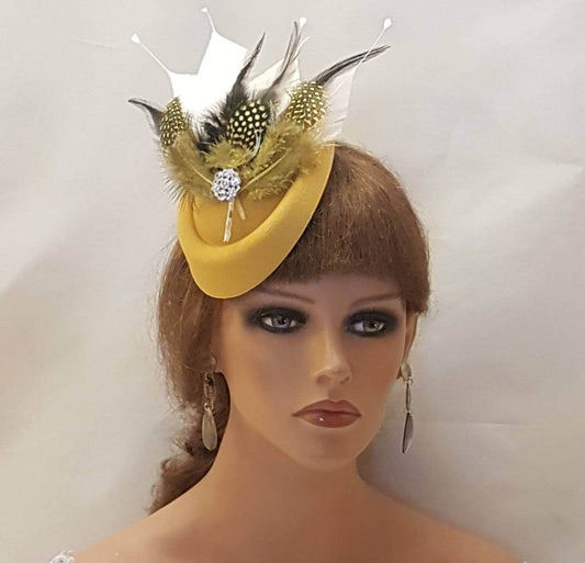 Chapeau Fascinator Chapeau Pilulier Moutarde Or Fascinator #Chapeau Plume Or Moutarde Derby Ascot Course De Mariage Cocktail Dames Église chapeau Fascinator