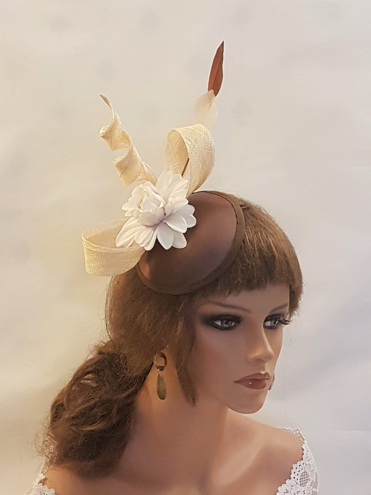 FASCINATOR,Brown Tan/Ivory Flower Hat Fascinator,Wedding,Church Fascinator Hat,Goodwood, Cocktail,KENTUCKY DERBY Hat, Ascot Hat fascinator