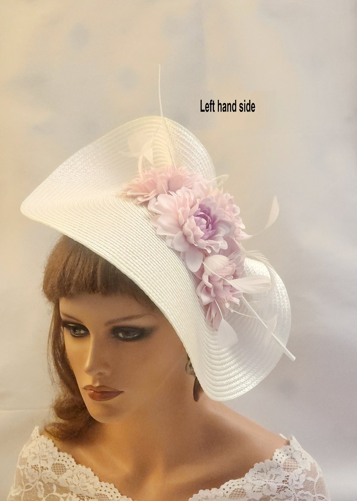 White Straw Hat Fascinator: Pink Floral Quill Feather Derby Wedding Headpiece