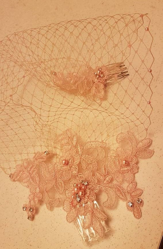 Blush Pink Birdcage Veil Bridal lace birdcage veil Fascinator with Pearls and Crystal Wedding face veil