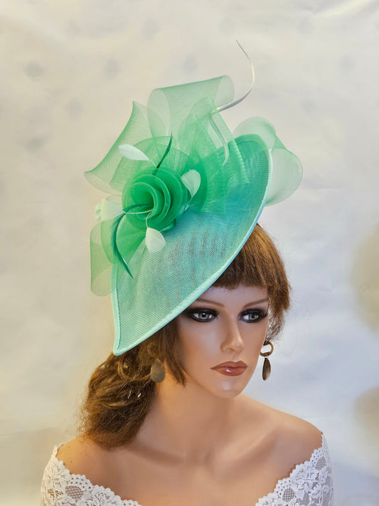 GREEN Mother of the bride hat FASCINATOR. Large Teardrop hatinator Feather Floral, Church,Kentucky Derby Royal Ascot ,Race,Wedding Party hat-EleganceFascinator