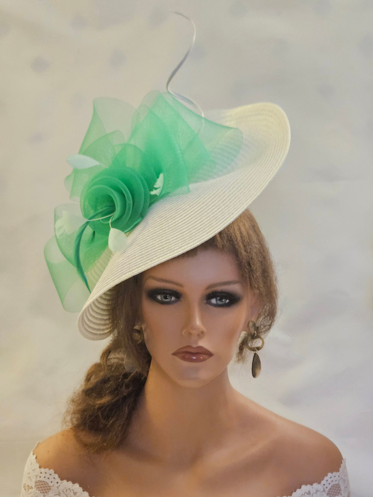 White & Green Feather Fascinator: Kentucky Derby Wedding Hat