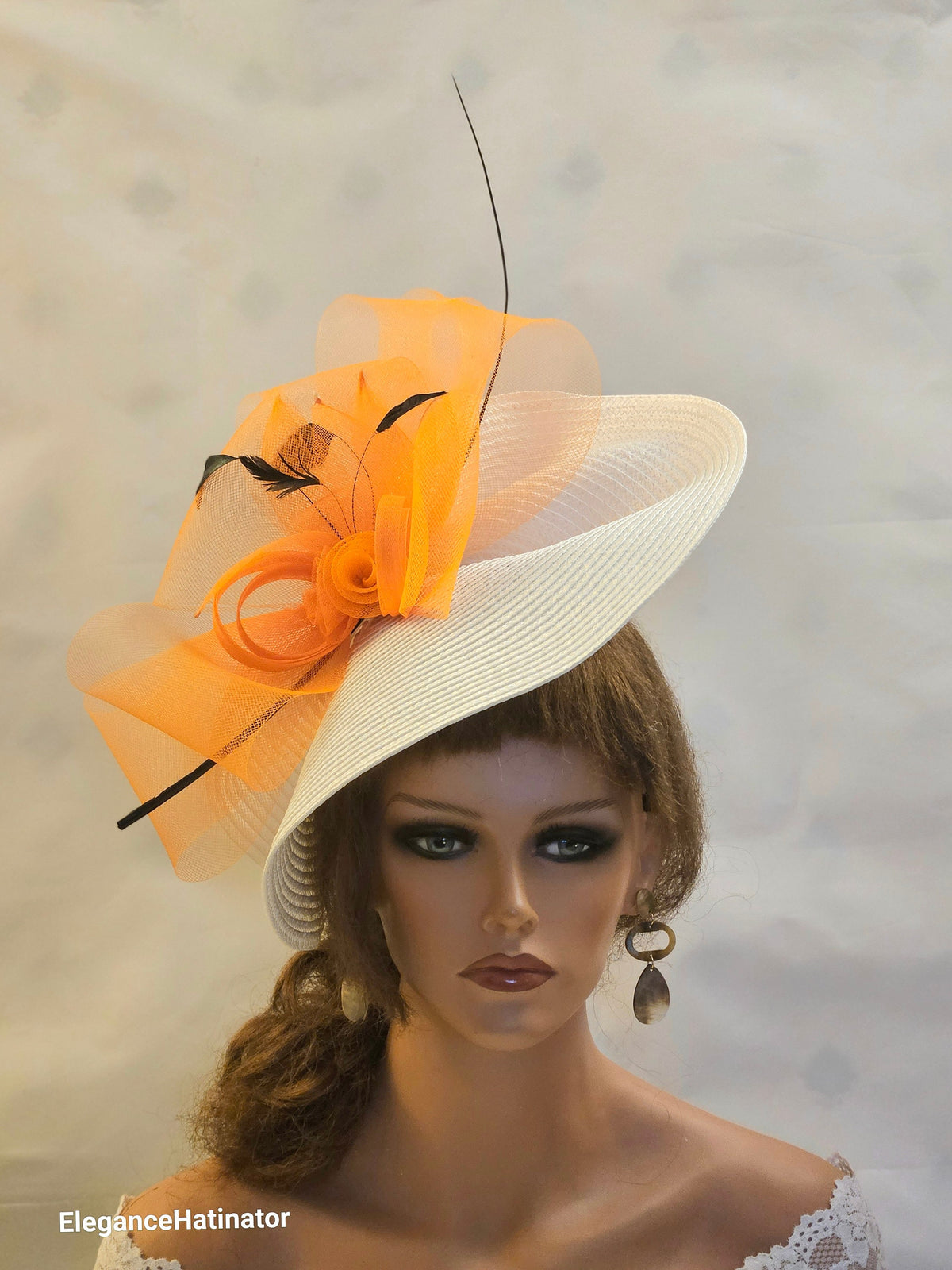 White & Orange Fascinator Hat: Feather Derby Ascot Race Hatinator