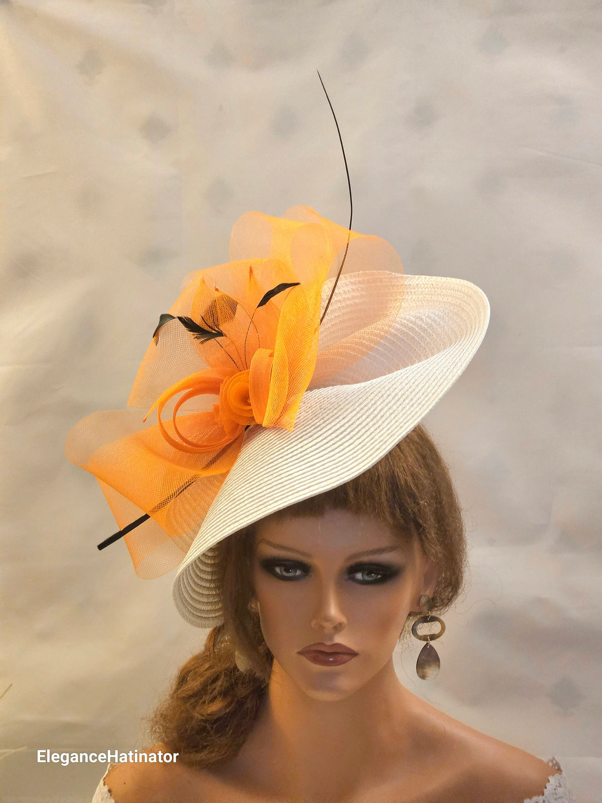 White & Orange Fascinator Hat: Feather Derby Ascot Race Hatinator