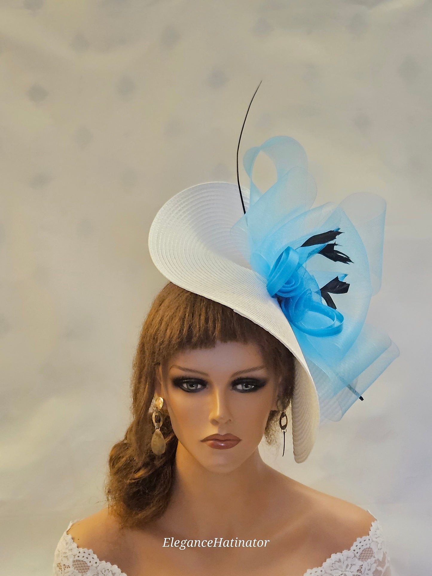 WHITE & BLUE fascinator large saucer hatinator Feather Church Derby Royal Ascot Hat Race Wedding Party hat Mother of Bride/Groom Hatinator