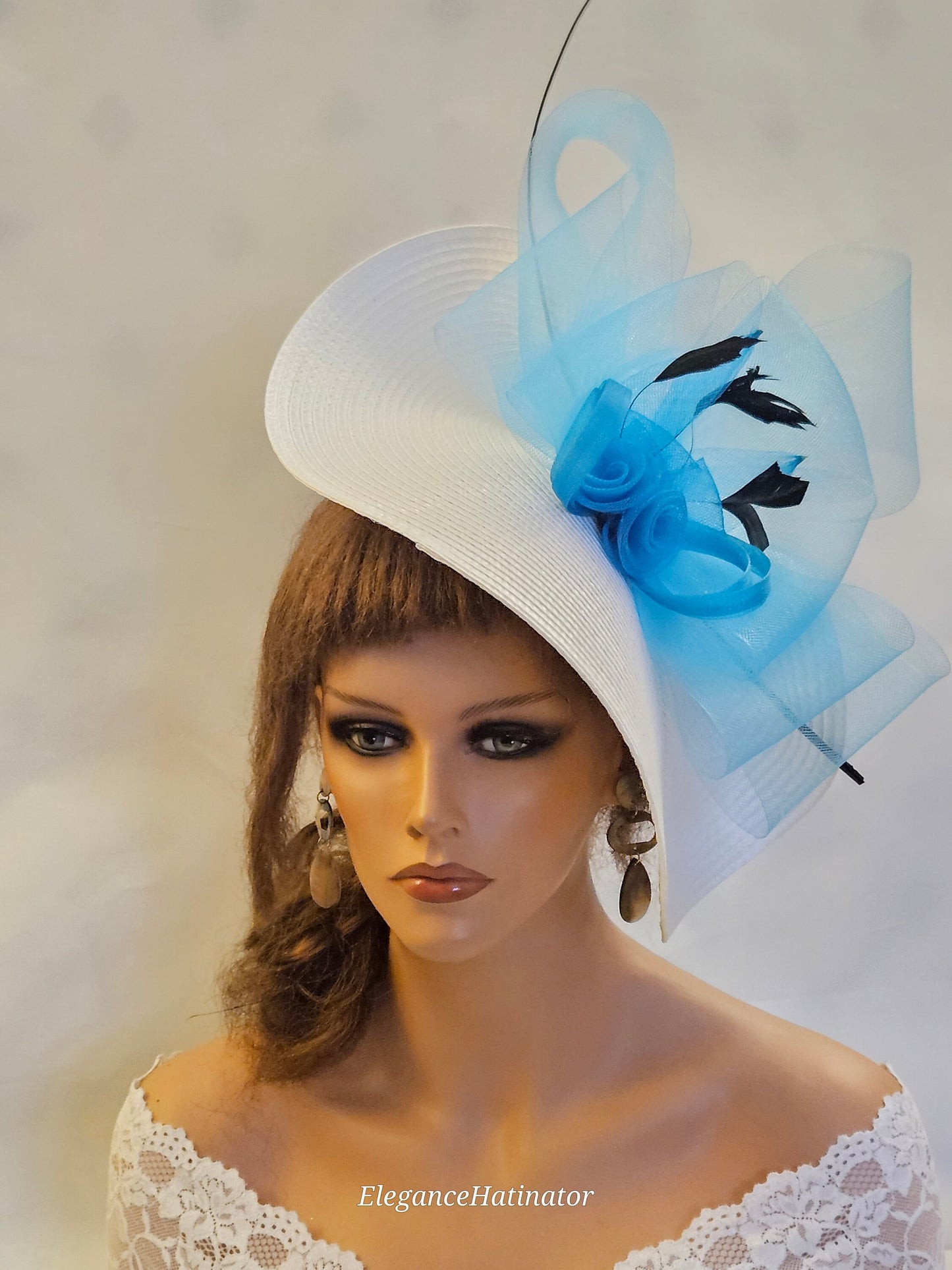 WHITE & BLUE fascinator large saucer hatinator Feather Church Derby Royal Ascot Hat Race Wedding Party hat Mother of Bride/Groom Hatinator