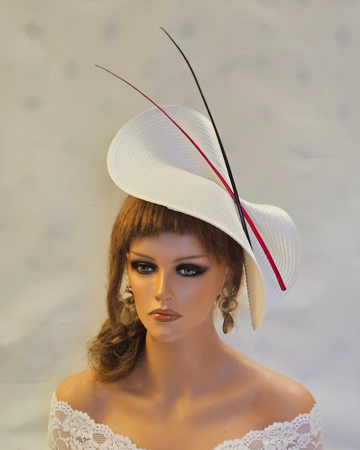 White Saucer Hatinator: Red & Black Quill Feather Derby Hat