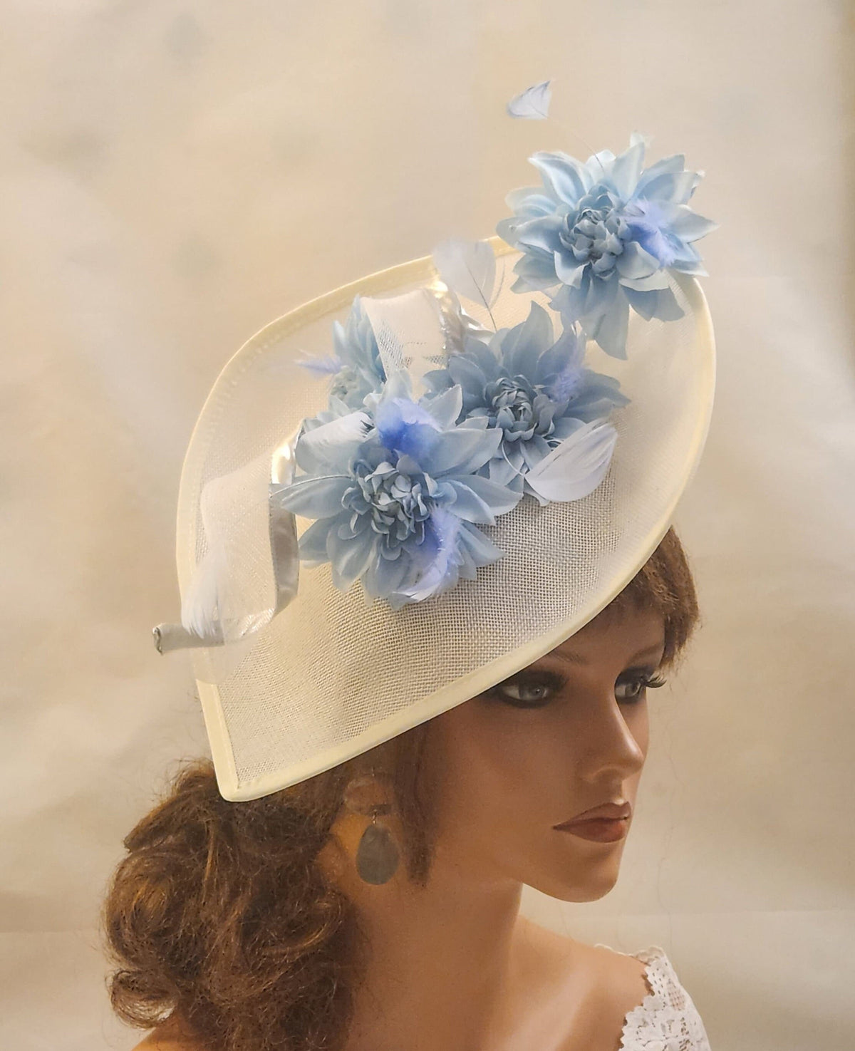 White and Blue Fascinator Hat: Floral Teardrop hat Wedding,Ascot, Derby Hatinator