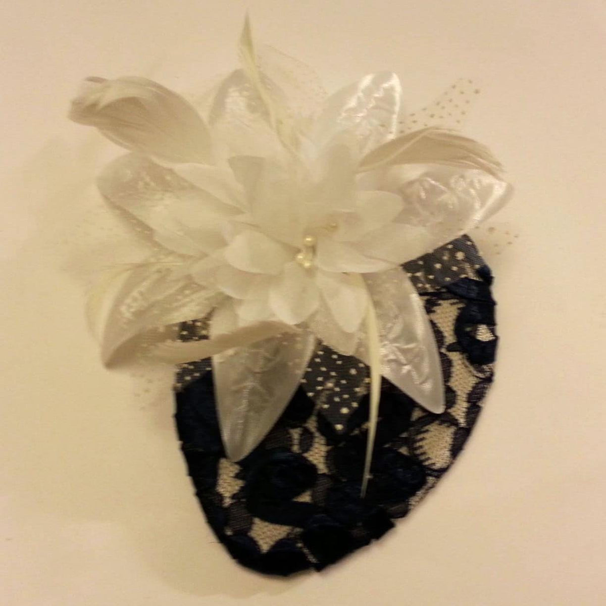 Vintage Navy Lace Teardrop Fascinator Hat with Feather Flower