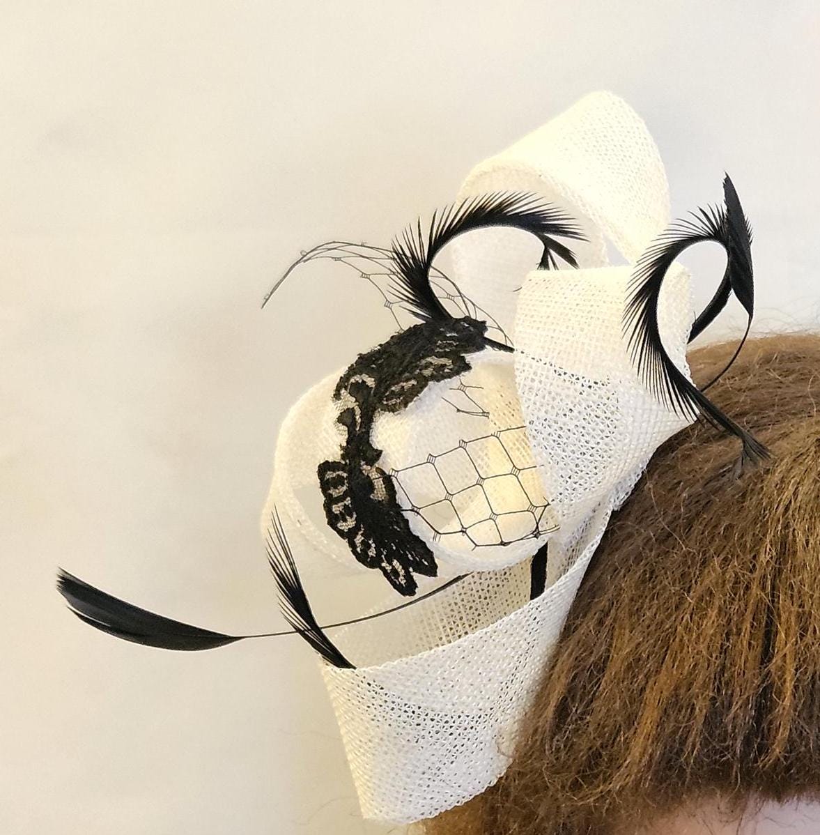 White Fascinator: Black Feather & Motif Headpiece, Royal Ascot Races