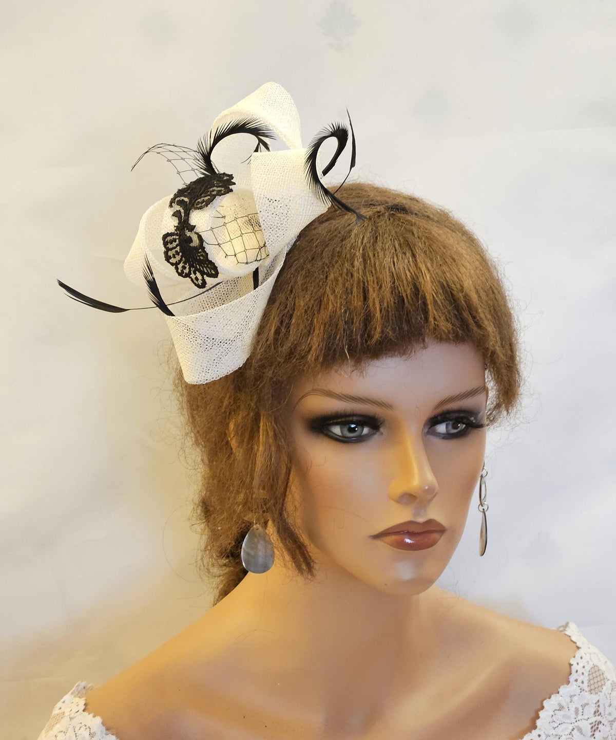 White Fascinator: Black Feather & Motif Headpiece, Royal Ascot Races
