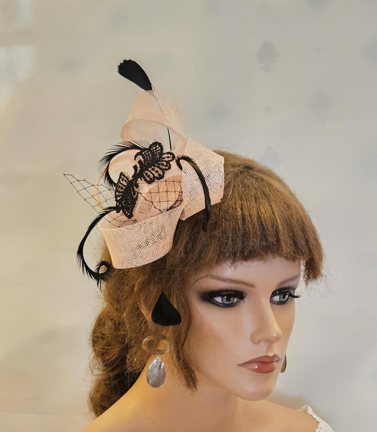 Pink Fascinator: Black Lace Feather Headpiece, Ascot Races