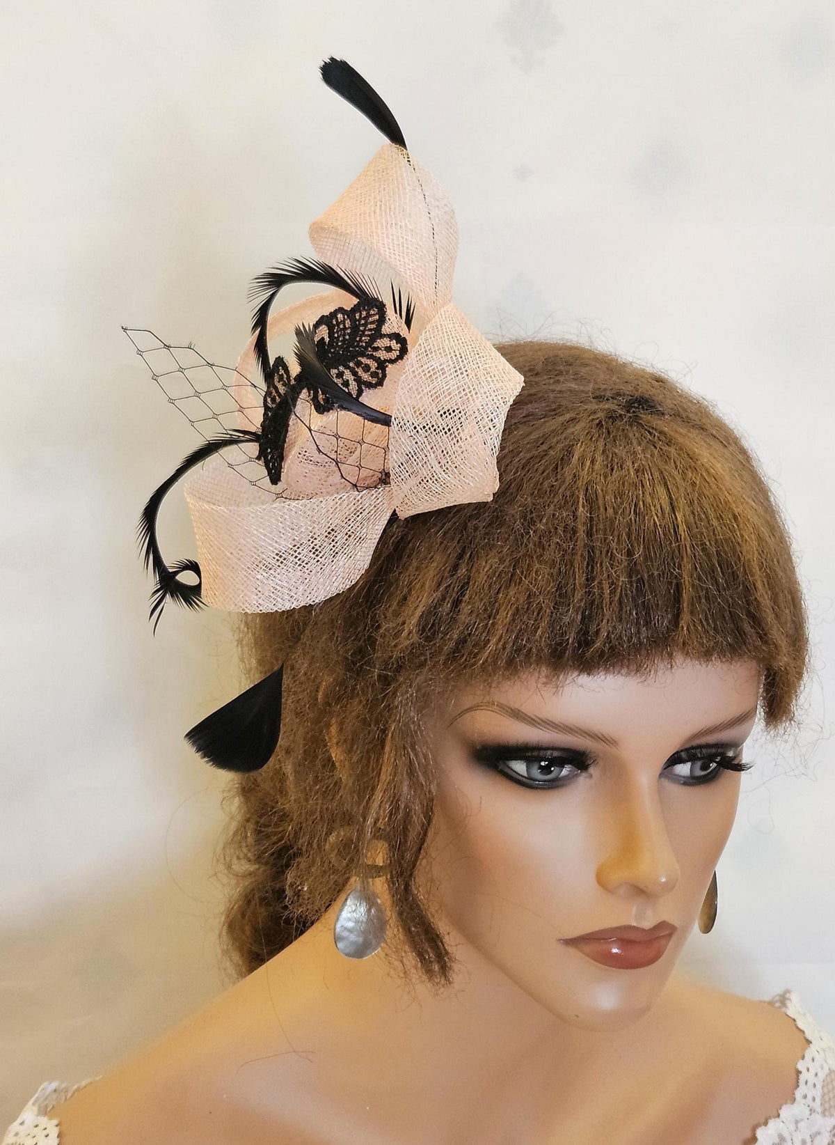 Pink Fascinator: Black Lace Feather Headpiece, Ascot Races