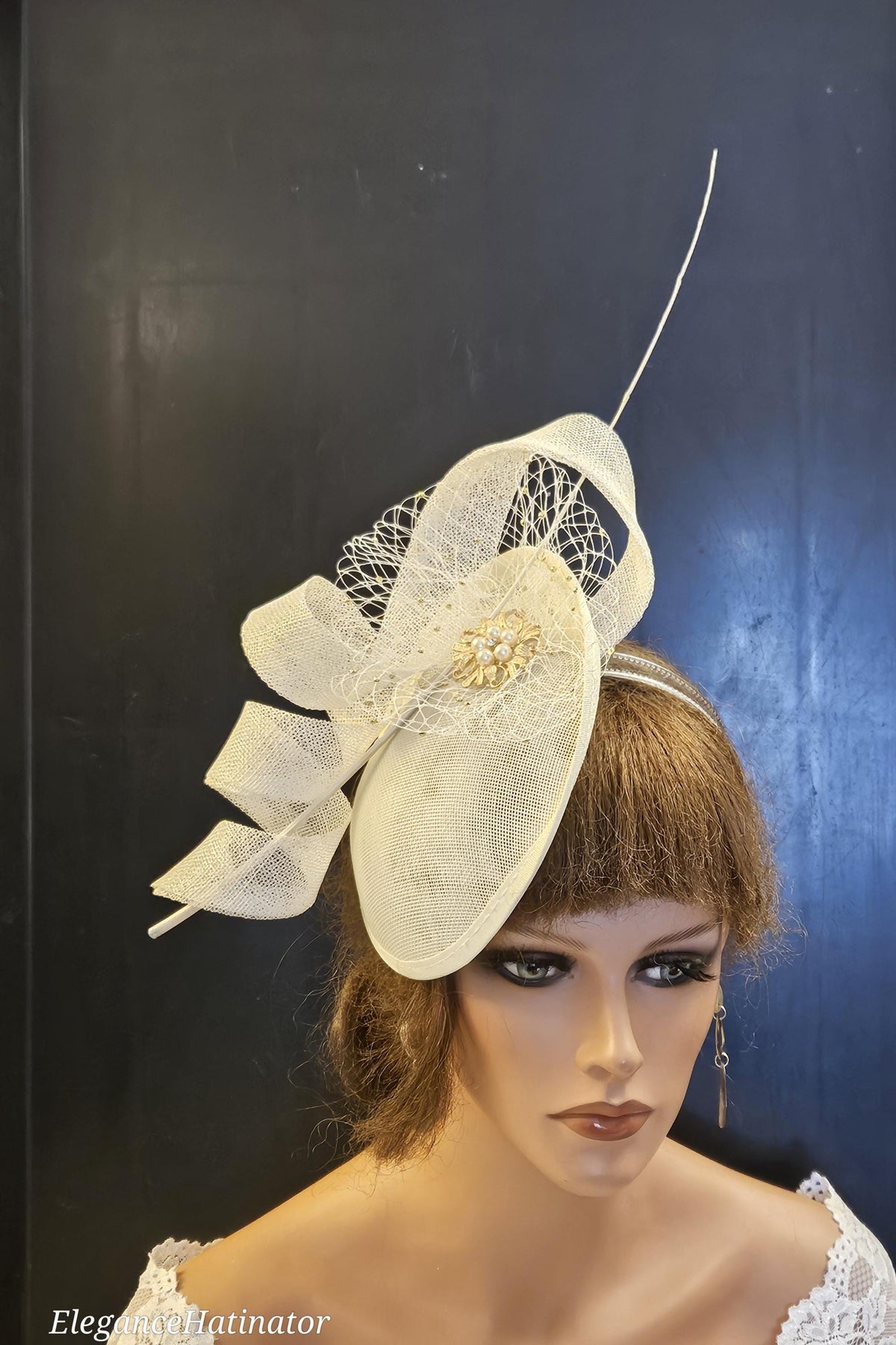 Ivory Sinamay Fascinator: Derby Wedding Hatinator with Pearls