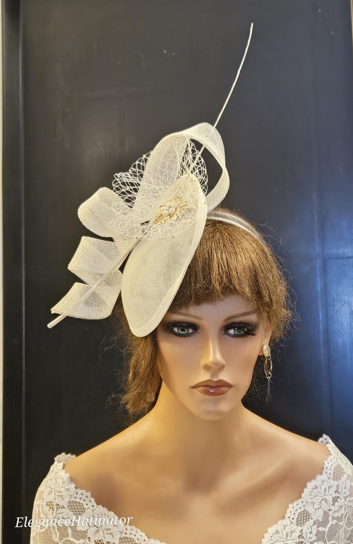 Ivory Sinamay Fascinator: Derby Wedding Hatinator with Pearls