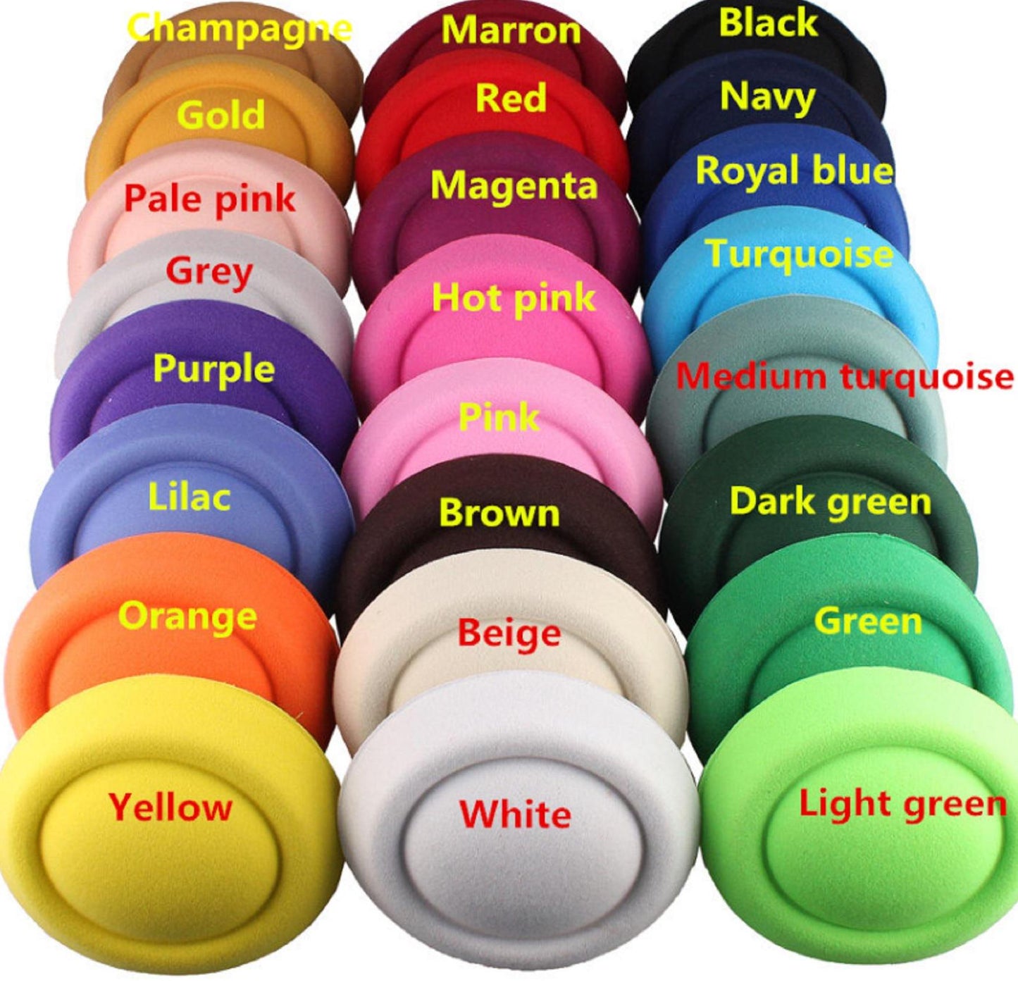 collection of round, solid-coloured fascinator bases arranged in a grid. The colours include champagne, gold, pale pink, grey, purple, lilac, orange, yellow, marron, red, magenta, hot pink, pink, brown, beige, white, black, navy, royal blue, turquoise, medium turquoise, dark green, green, and light green.
