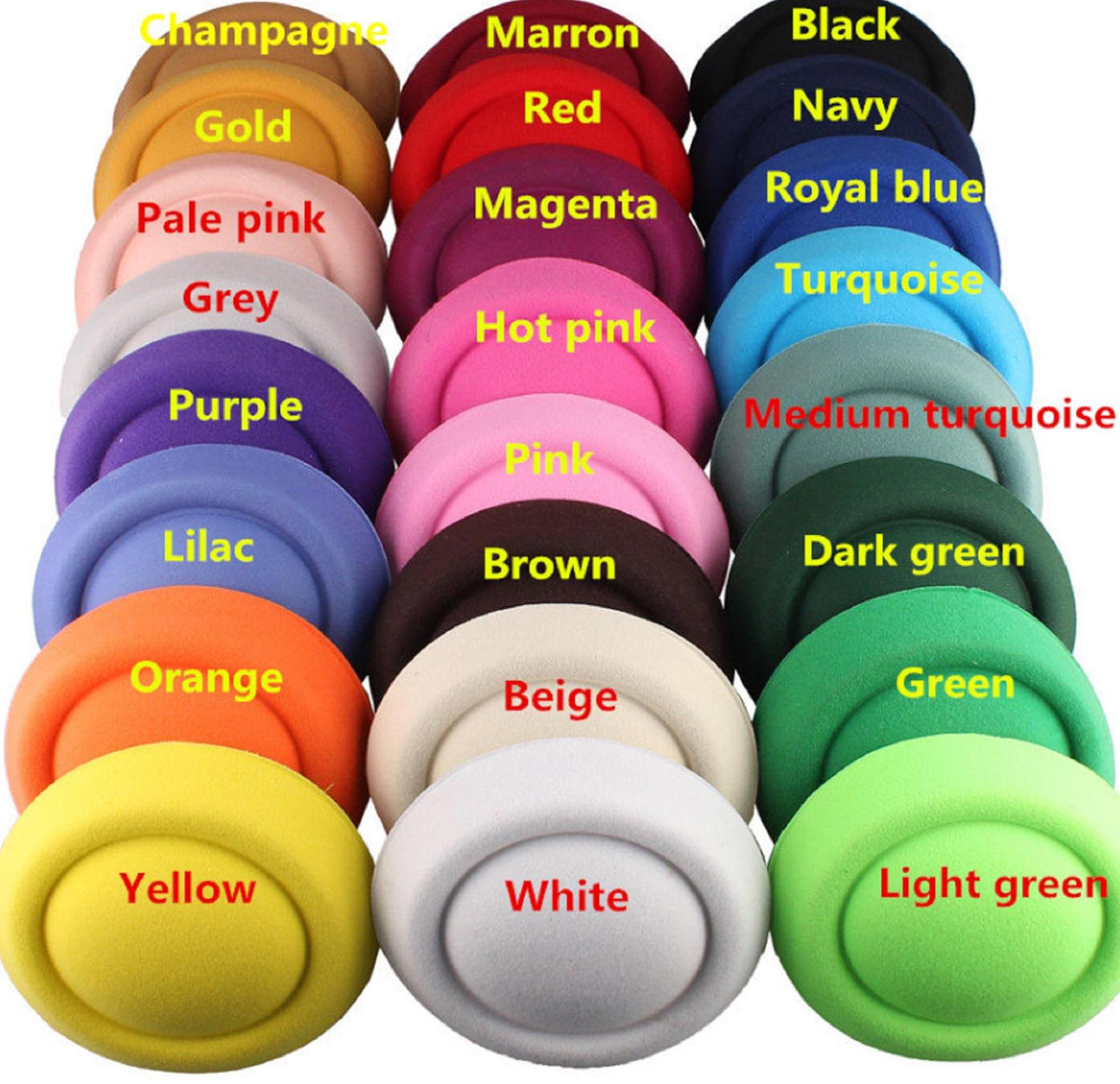 collection of round, solid-coloured fascinator bases arranged in a grid. The colours include champagne, gold, pale pink, grey, purple, lilac, orange, yellow, marron, red, magenta, hot pink, pink, brown, beige, white, black, navy, royal blue, turquoise, medium turquoise, dark green, green, and light green.
