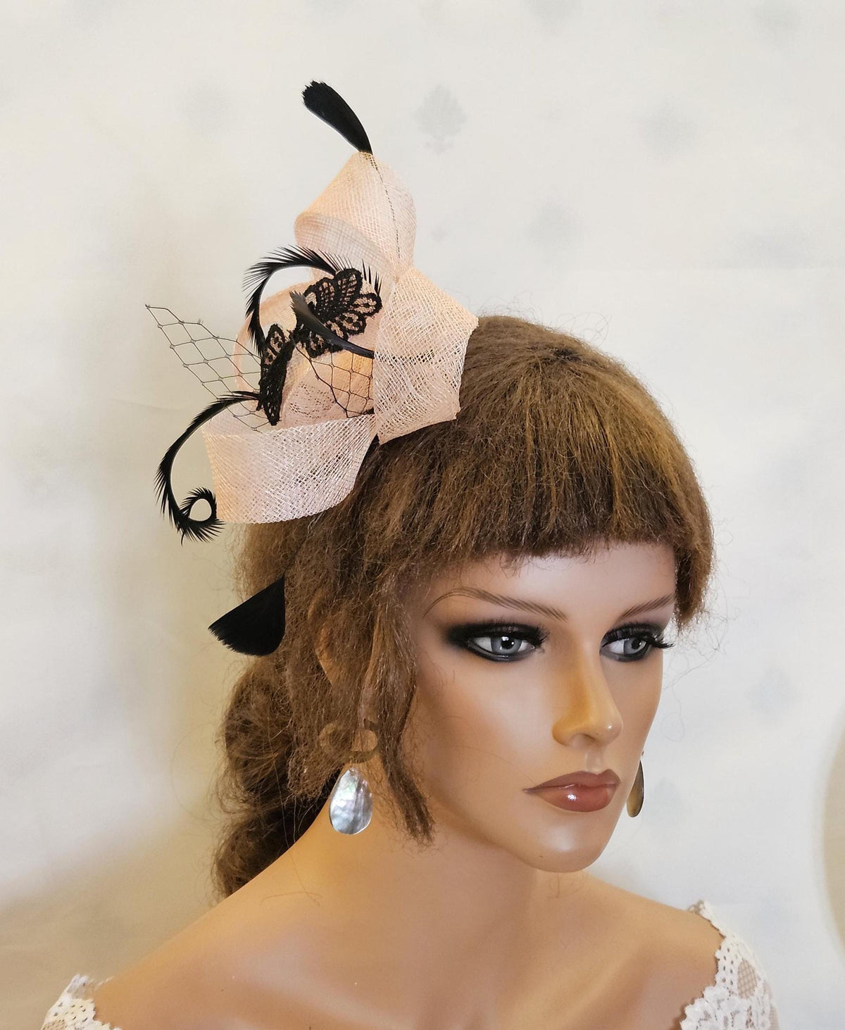 Pink Fascinator: Black Lace Feather Headpiece, Ascot Races