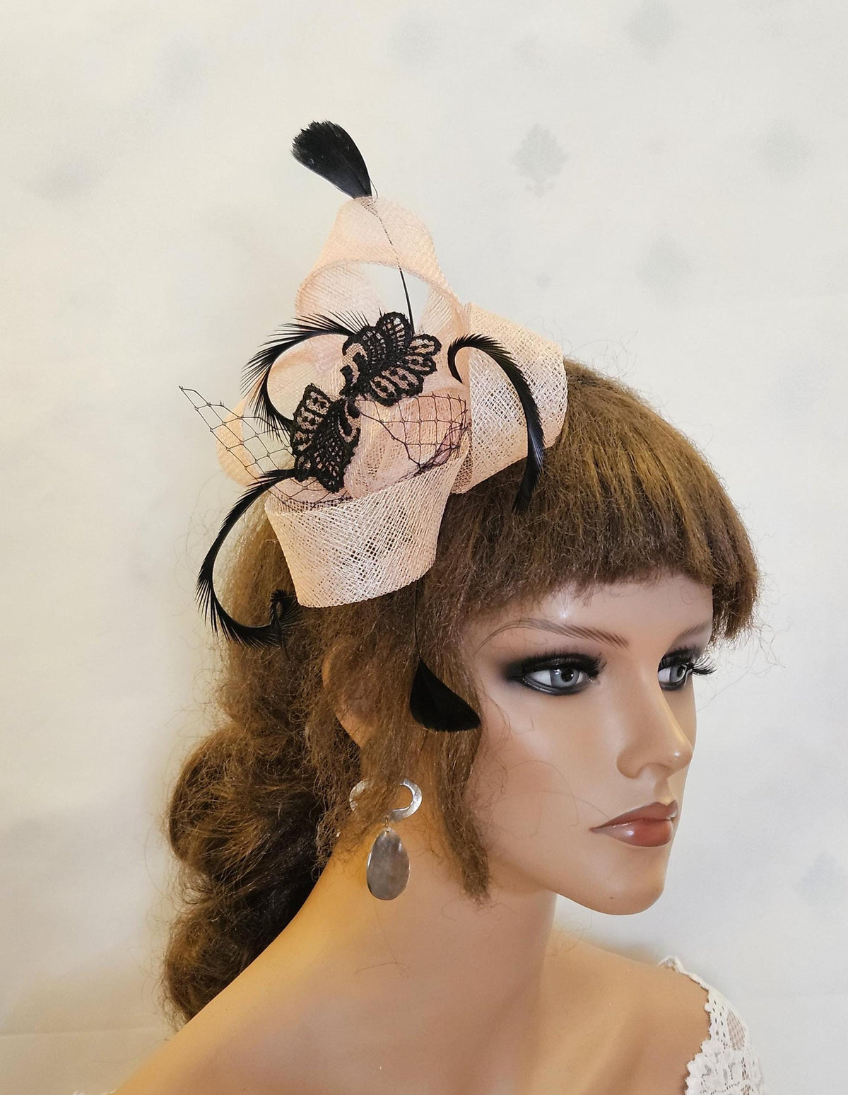 Pink Fascinator: Black Lace Feather Headpiece, Ascot Races