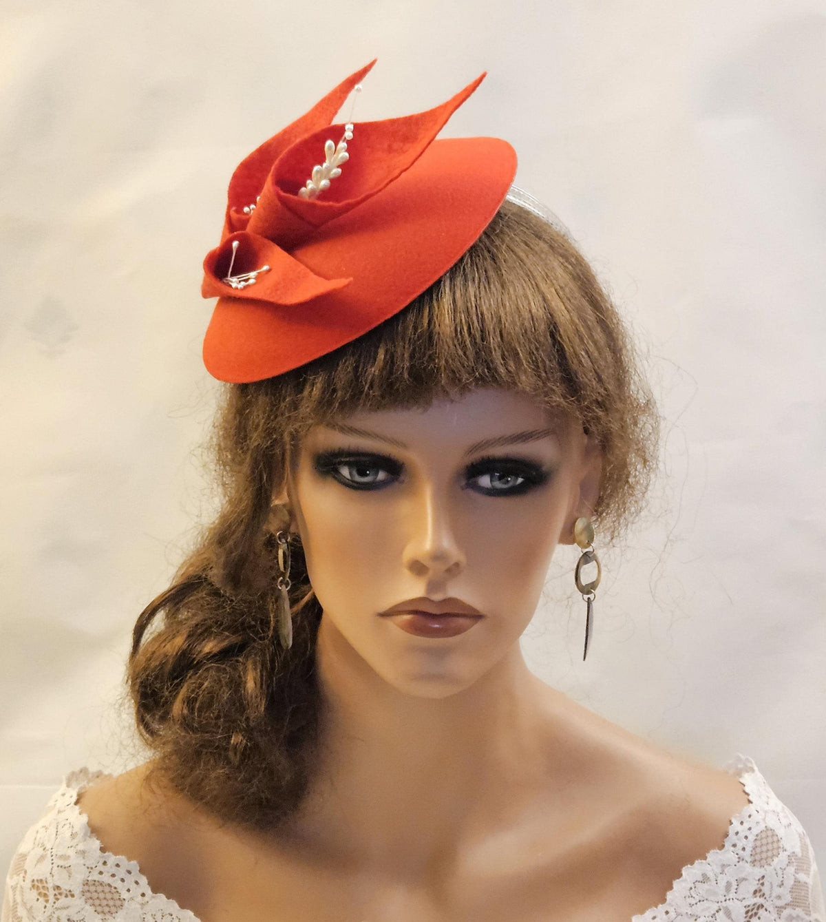 Red Felt Fascinator Hat, Pearls, Wedding Ascot Hat