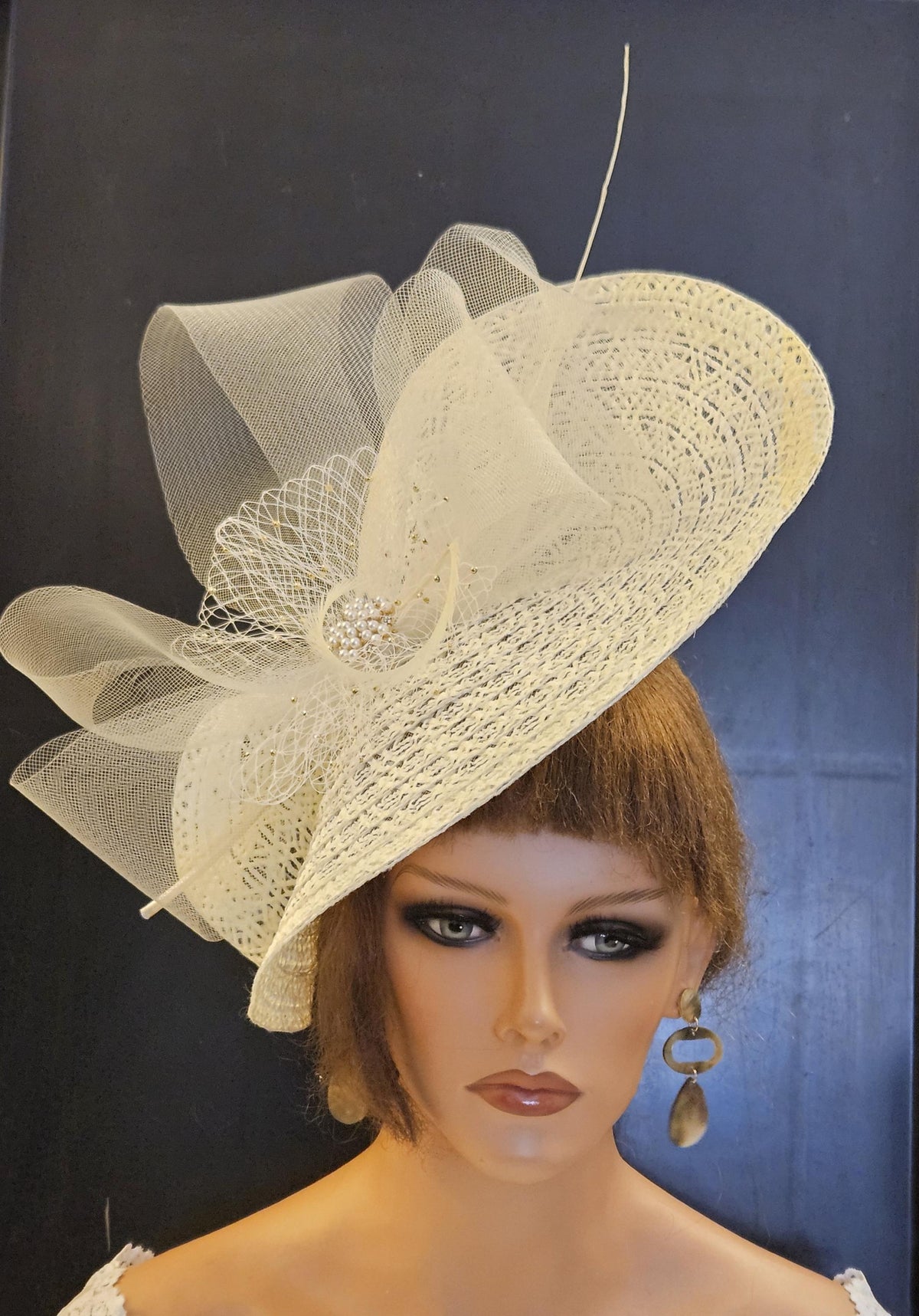 Large Ivory Fascinator with Crinoline bows,Feather, French netting , crystal & Pearl Embellishment .Church Derby Royal Ascot,  Race Wedding Party hat