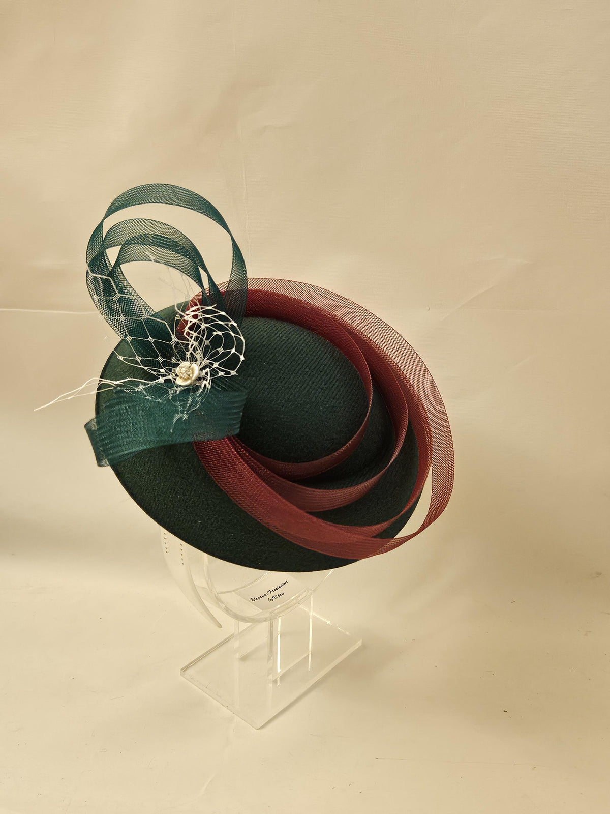 Green Felt Pillbox Fascinator Hat: Maroon Ribbon, Race Day Headpiece