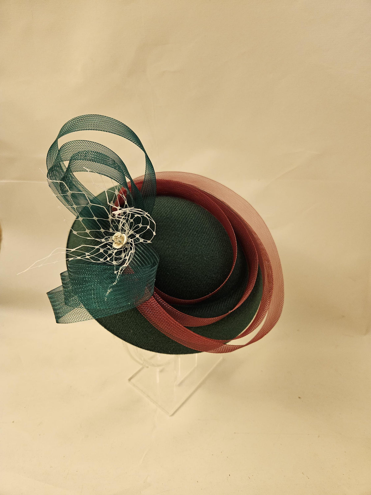 Green Felt Pillbox Fascinator Hat: Maroon Ribbon, Race Day Headpiece
