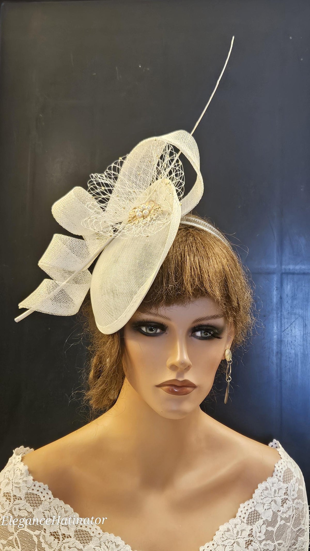 Ivory Sinamay Fascinator: Derby Wedding Hatinator with Pearls